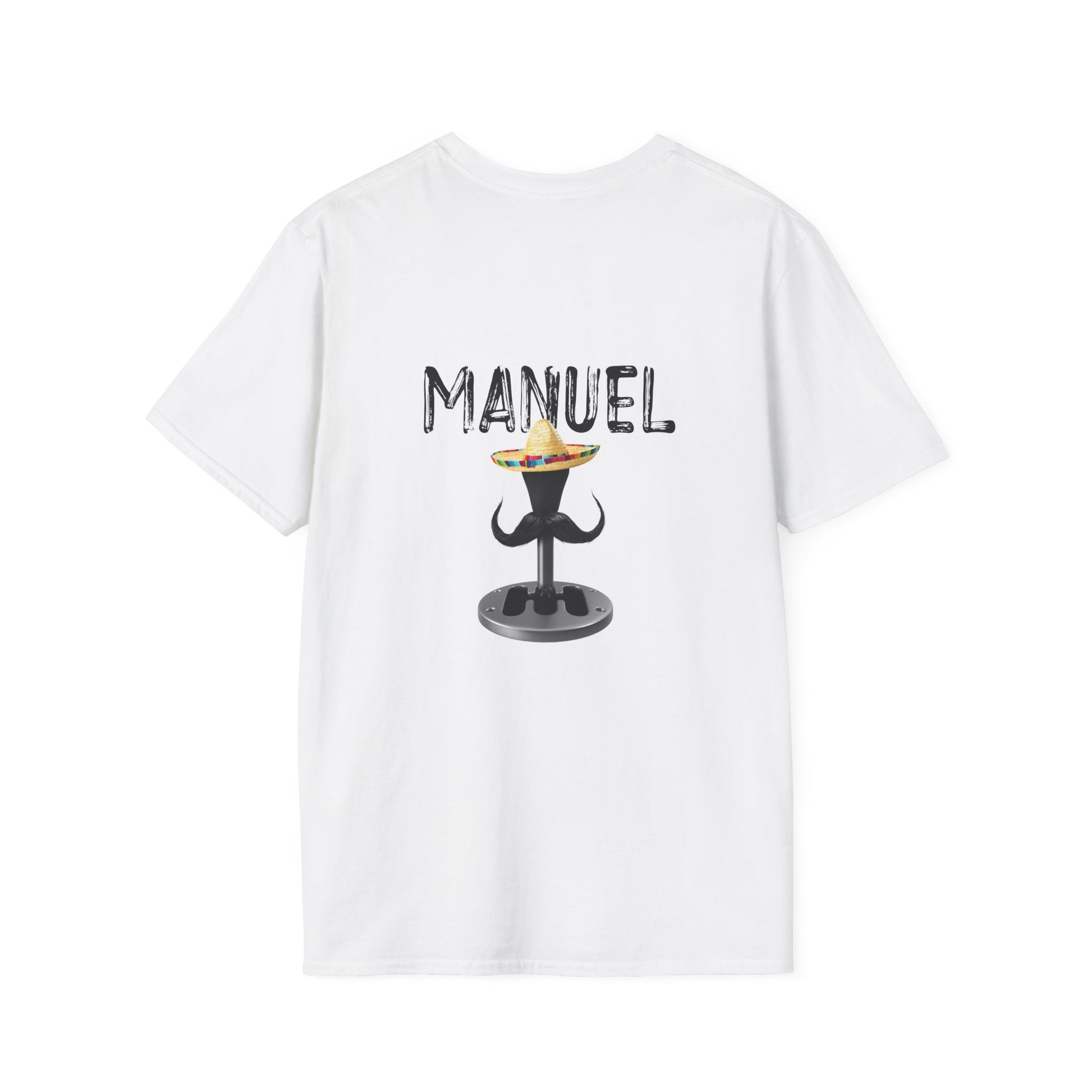 Back print shirt paridy design with a manual transmission wearing a sombrero with a large Mexican mustache, cartoon-style automotive humor