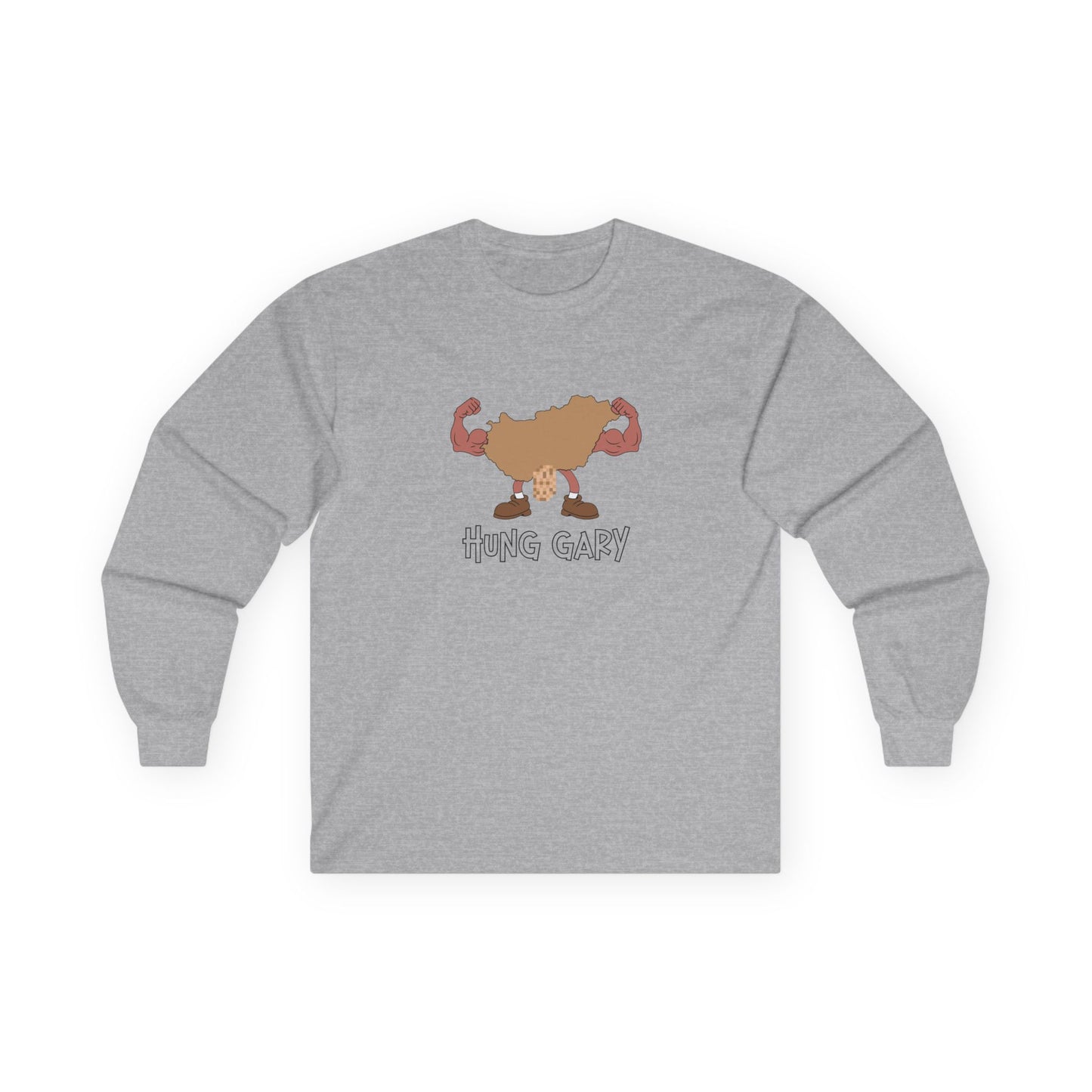 Hung Gary pun long sleeve shirt: Hungary map illustration flexing muscles with an adult-themed pixelated graphic. Funny geography.