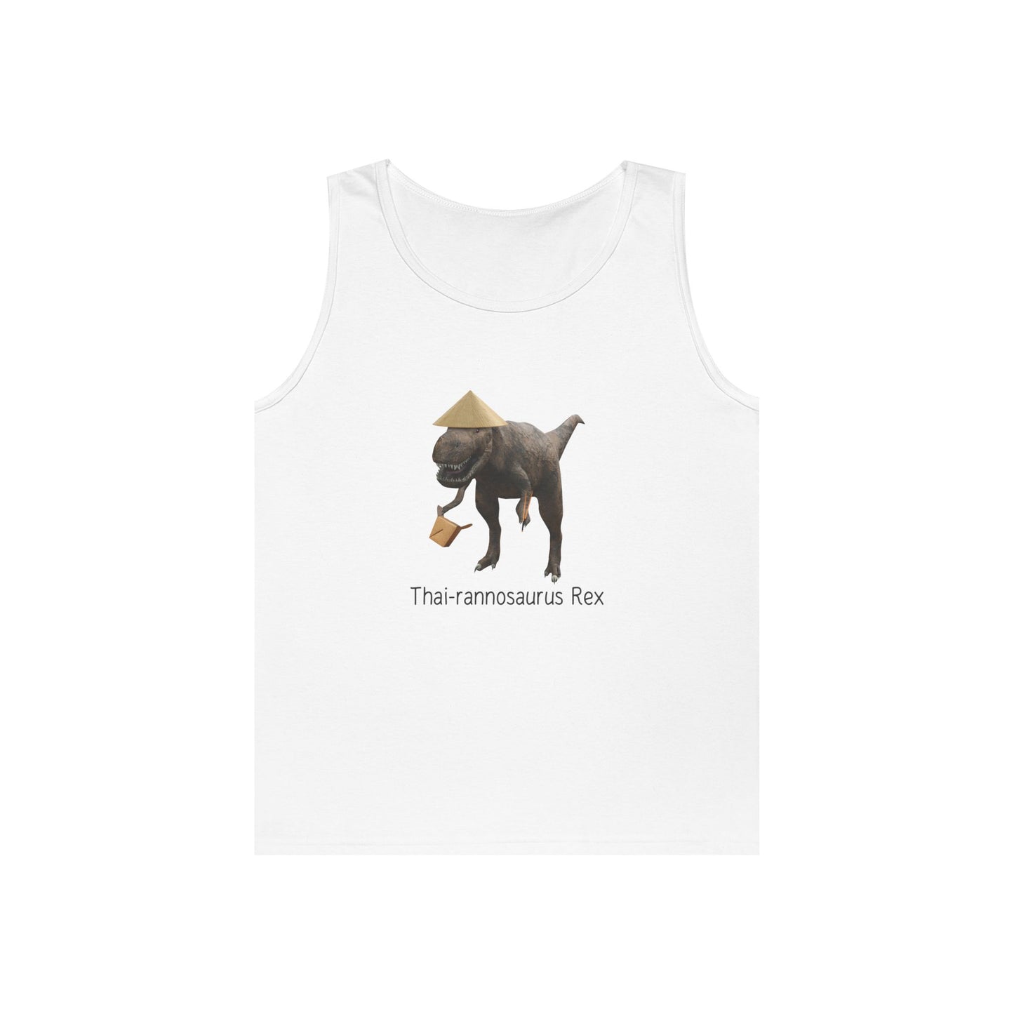 t rex with rice hat holding takeout box chopsticks funny thai rannosaurus rex tank top