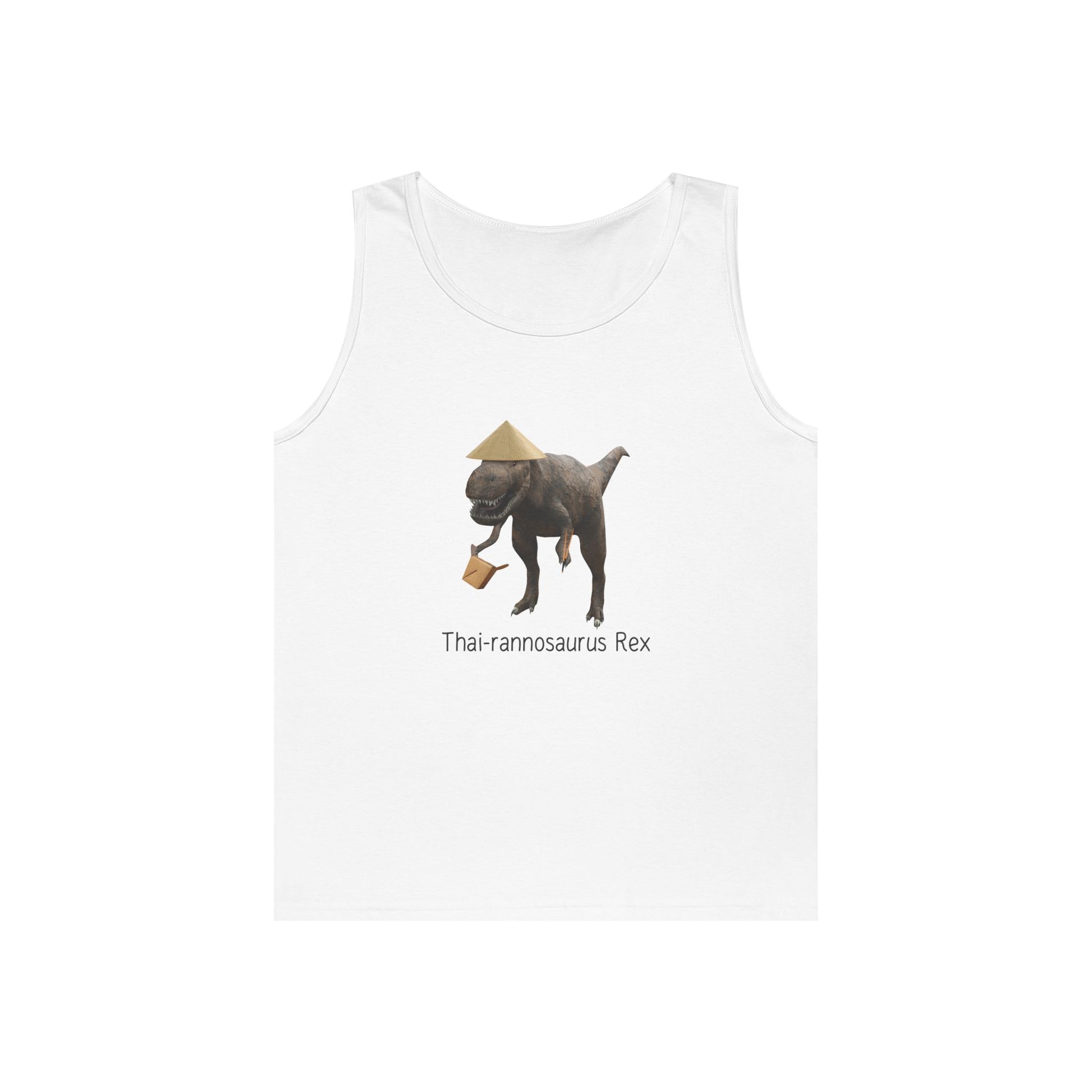 t rex with rice hat holding takeout box chopsticks funny thai rannosaurus rex tank top