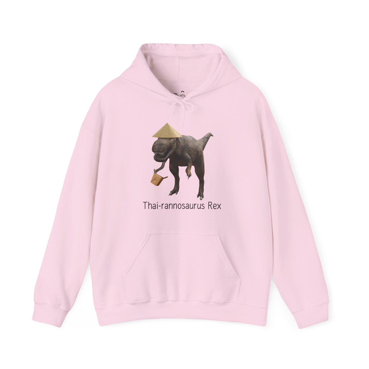 Thai-rannosaurus Rex hoodie featuring a T-Rex with chopsticks and takeout box