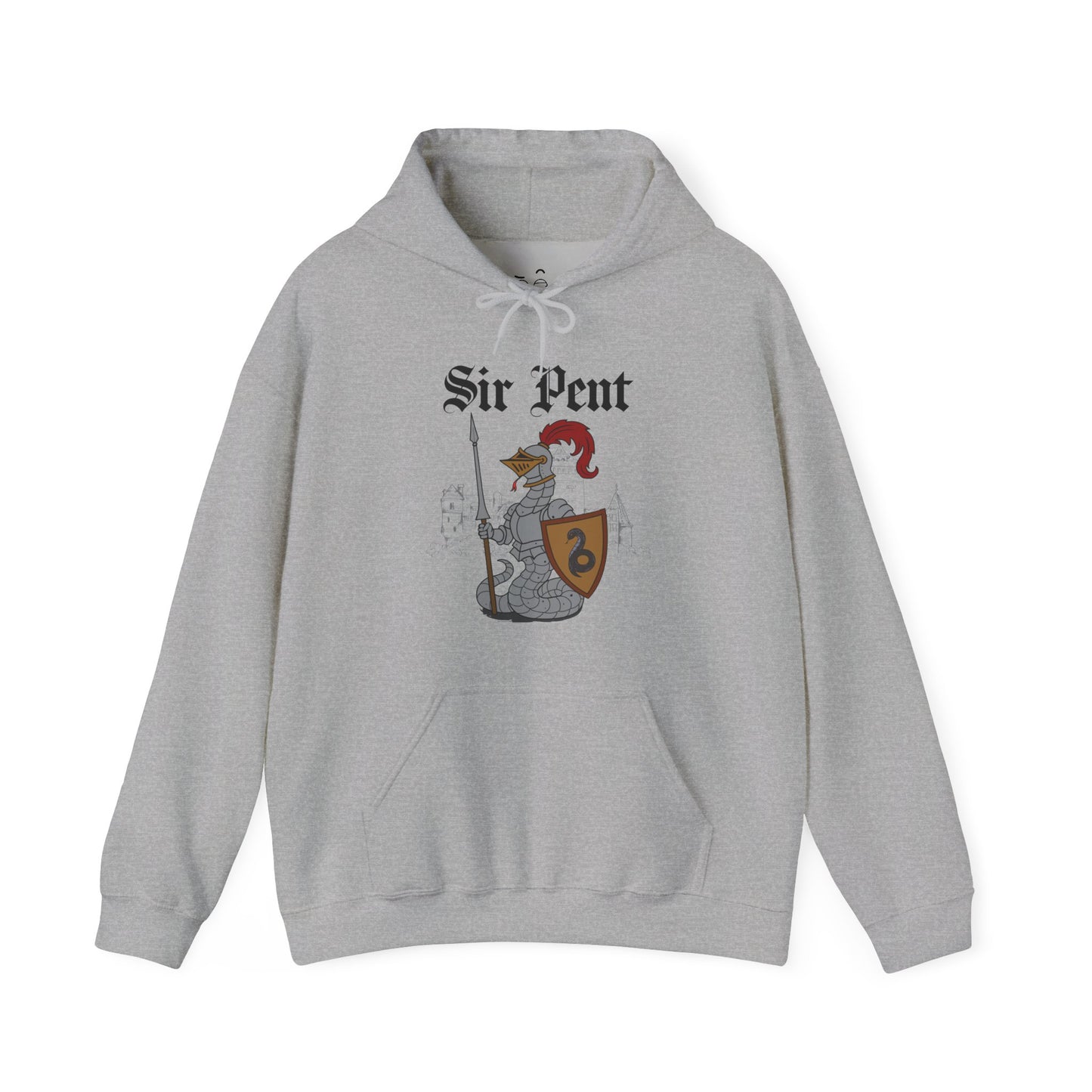 Sir Pent fantasy hoodie featuring a serpent wearing medieval knight armor