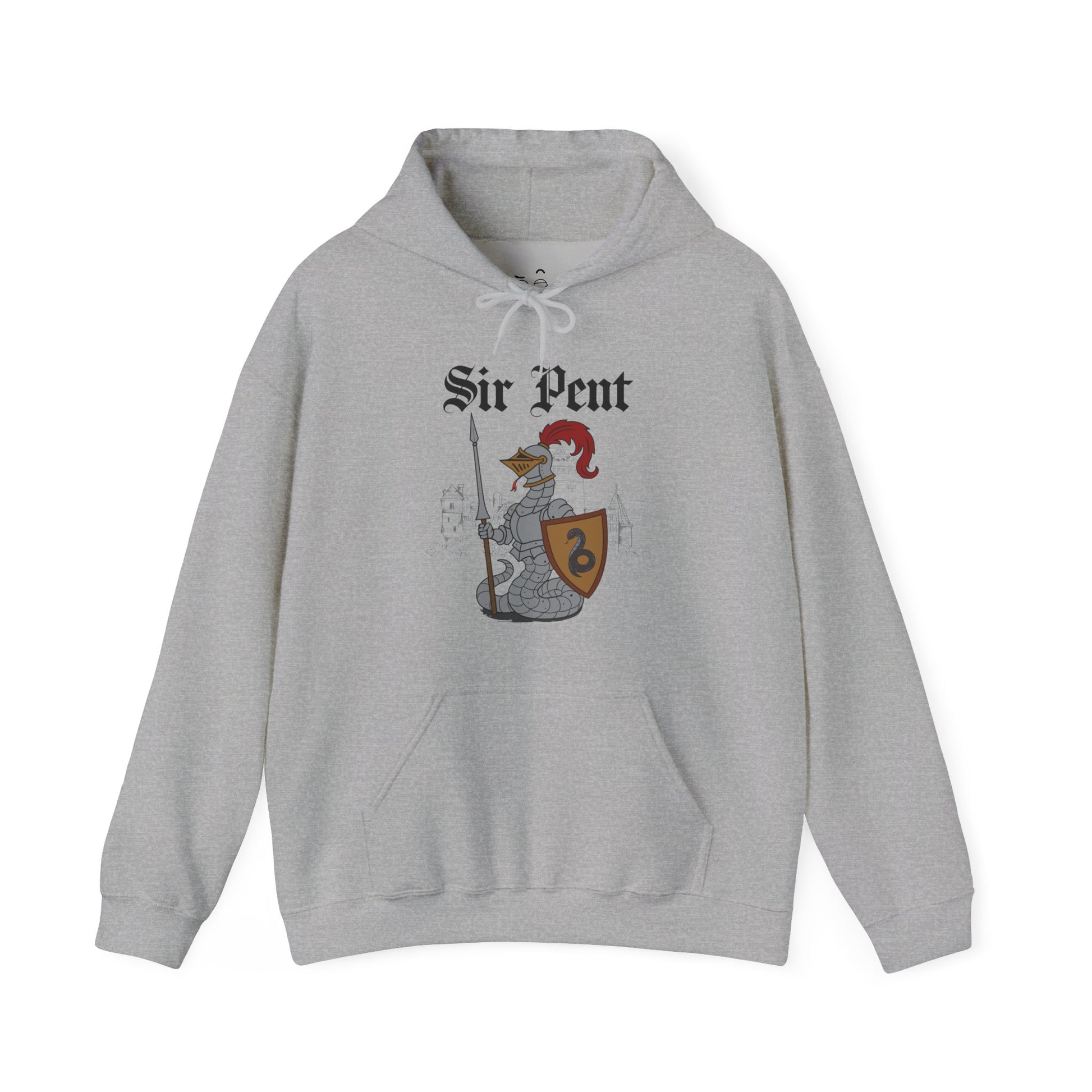 Sir Pent fantasy hoodie featuring a serpent wearing medieval knight armor