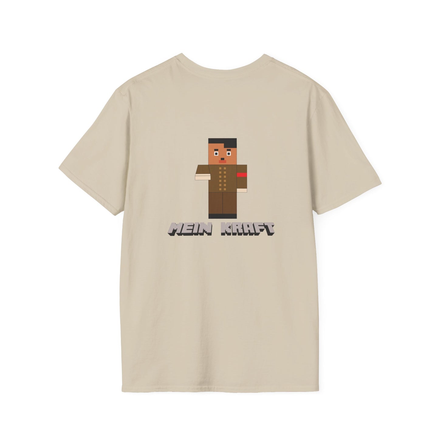 Back print T-shirt featuring a blocky Minecraft-style character dressed in a dictator’s uniform with a toothbrush mustache.