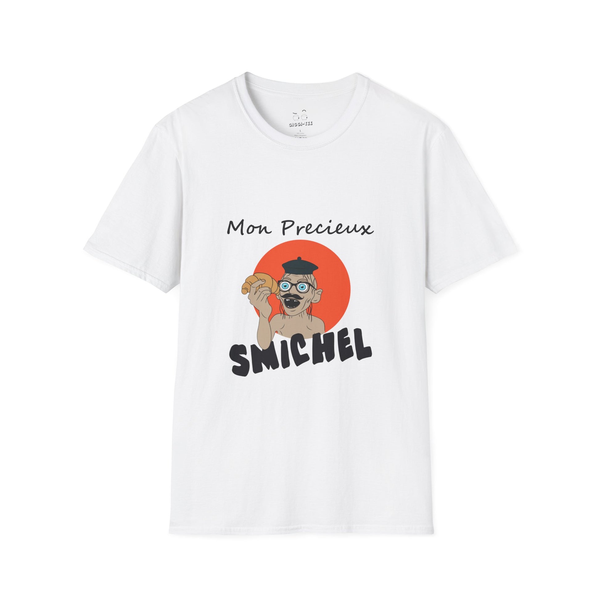 T-shirt showing a French Smeagol in a beret and mustache holding a croissant with the text "Mon Précieux."