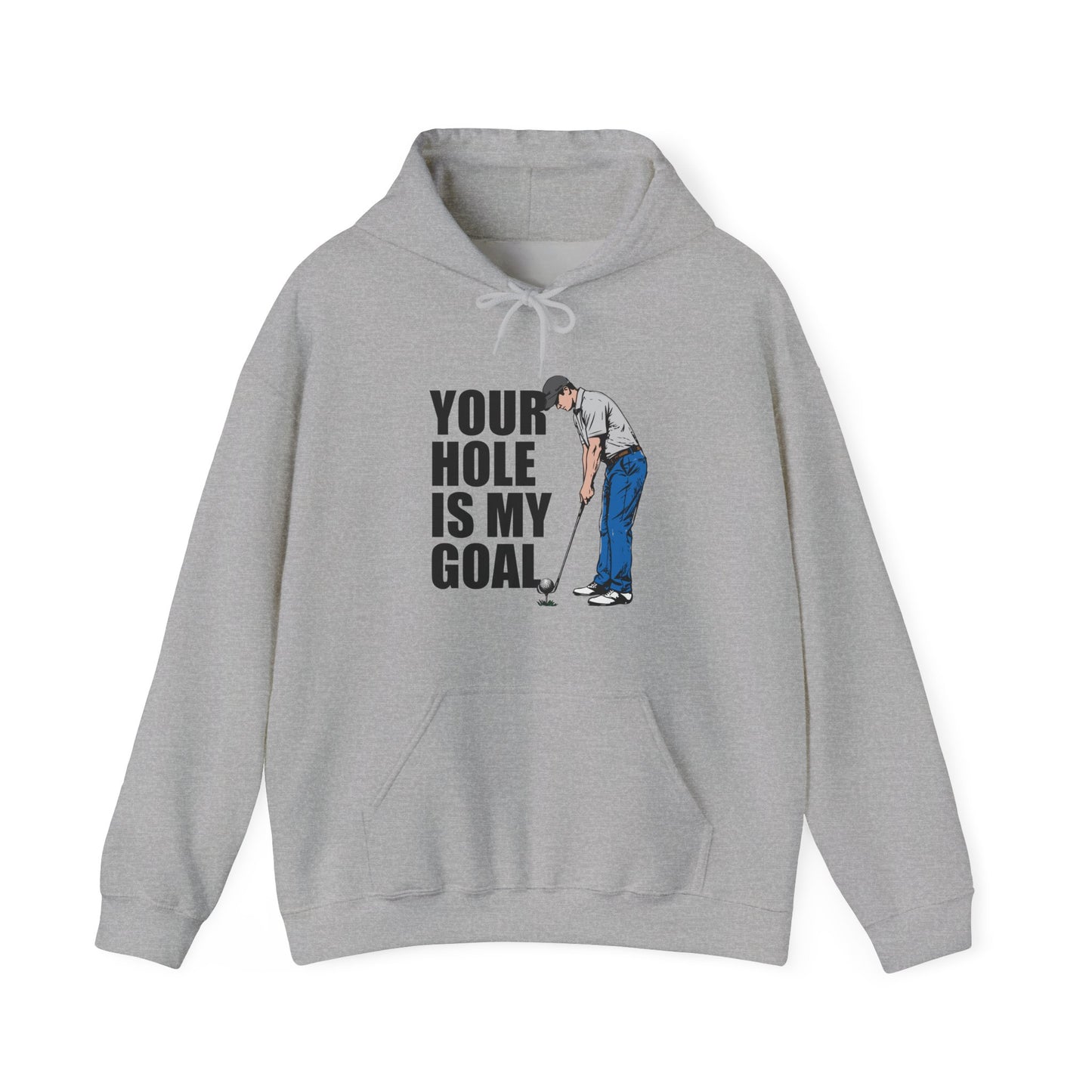 Funny golf design featuring a golfer with a golf club and ball on the pin, with the text “Your Hole Is My Goal.”