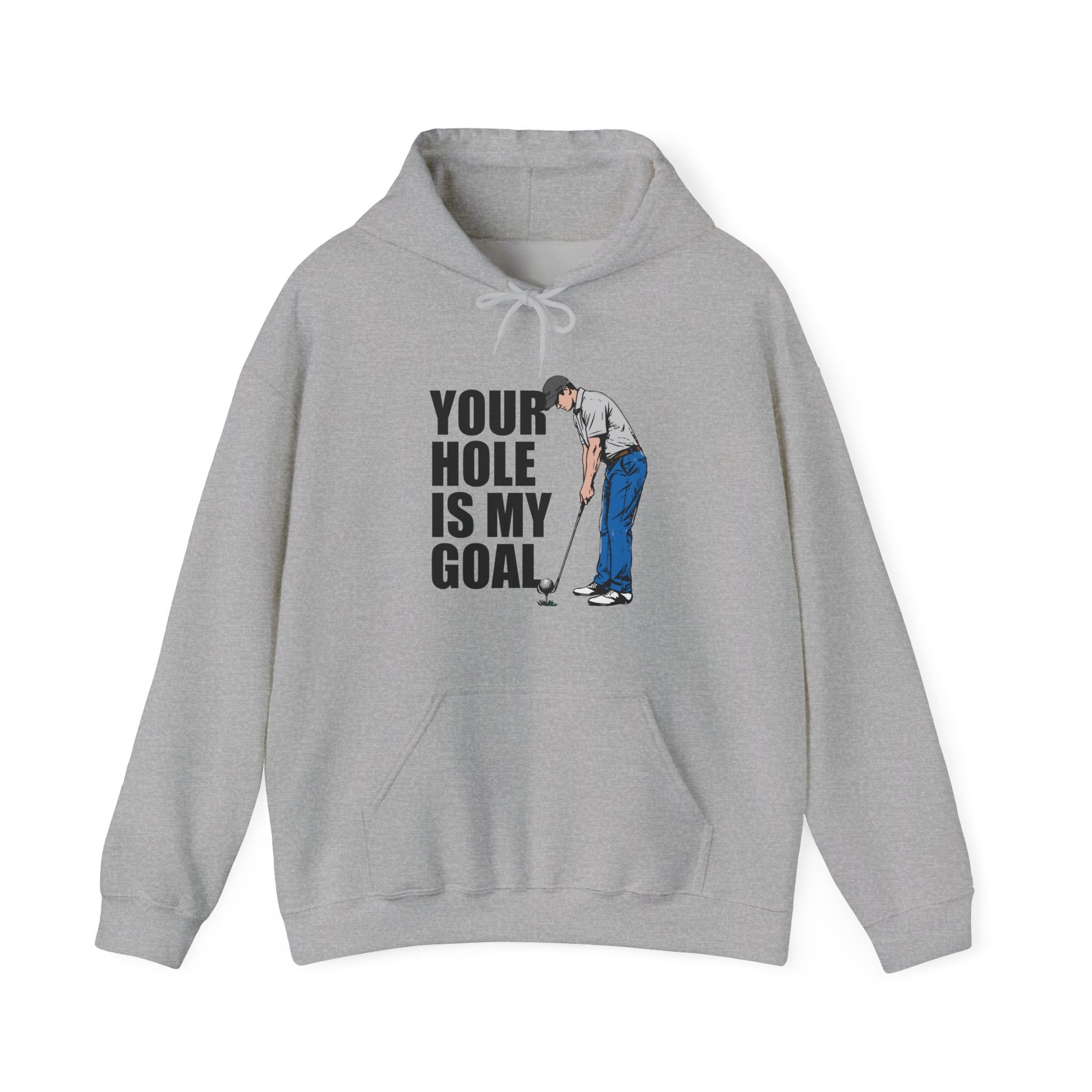 Funny golf design featuring a golfer with a golf club and ball on the pin, with the text “Your Hole Is My Goal.”