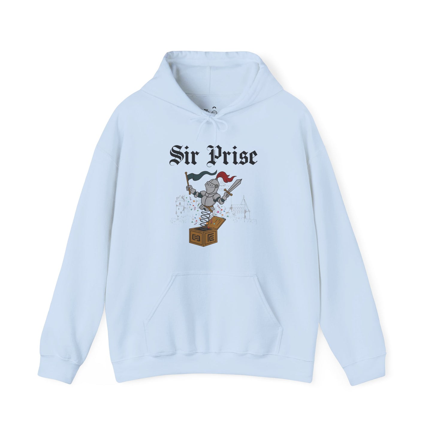 Sir Prise parody hoodie featuring a knight jumping out of a jack-in-the-box