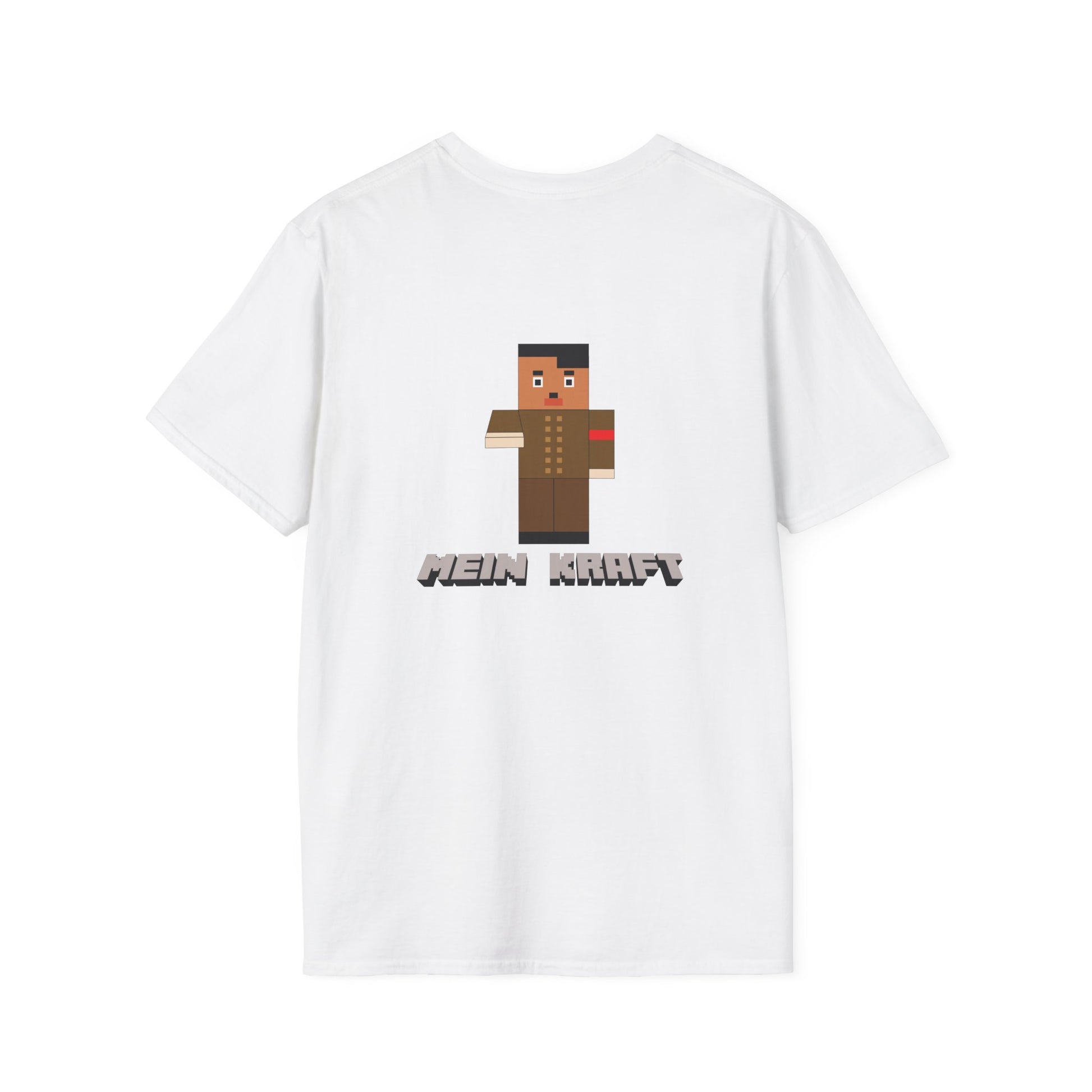 Back print T-shirt featuring a blocky Minecraft-style character dressed in a dictator’s uniform with a toothbrush mustache.