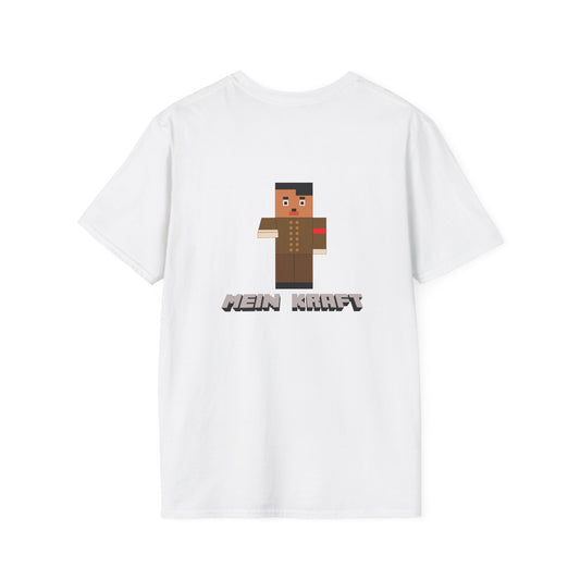 Back print T-shirt featuring a blocky Minecraft-style character dressed in a dictator’s uniform with a toothbrush mustache.