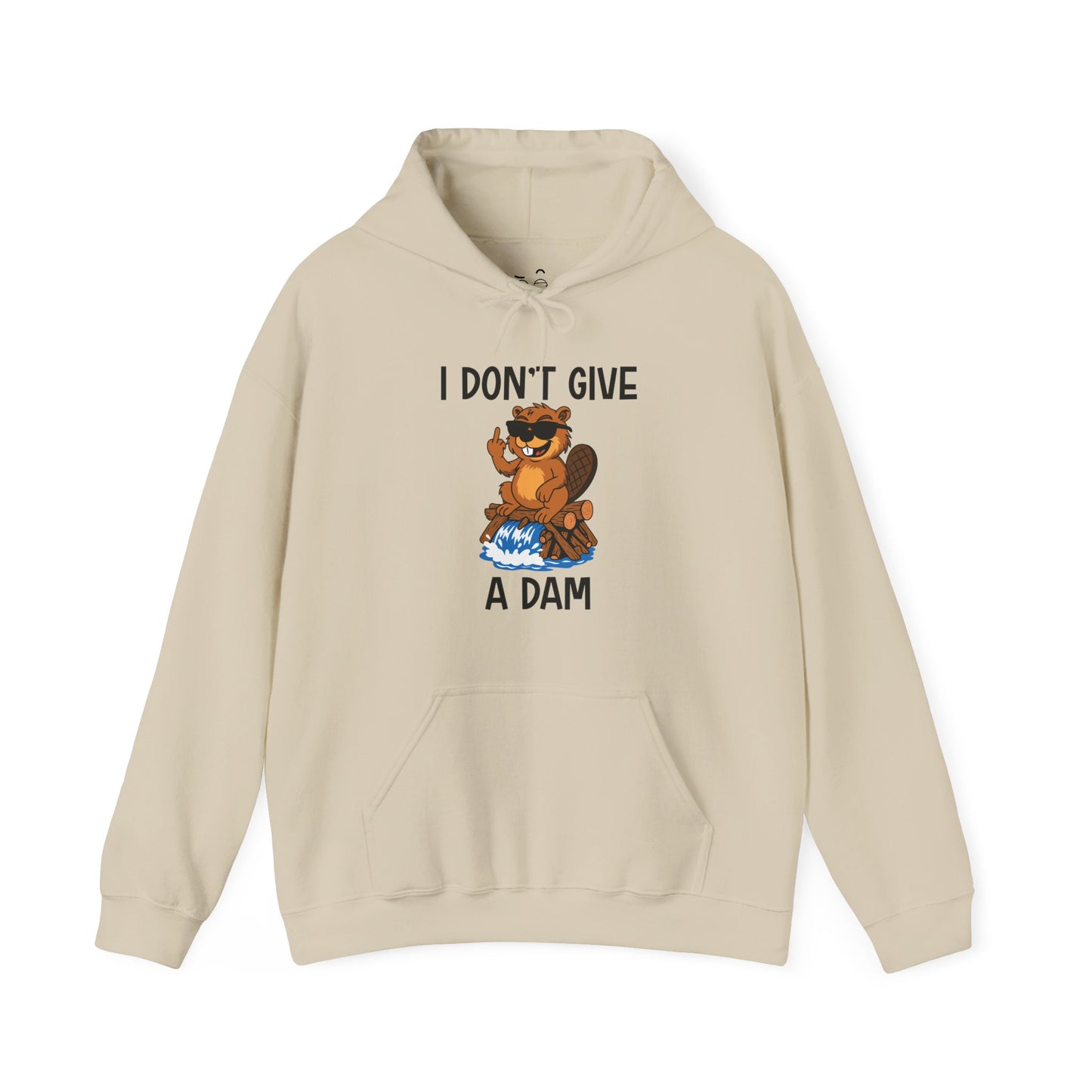 I Don’t Give a Dam hoodie graphic featuring a beaver sitting on a dam and giving the middle finger