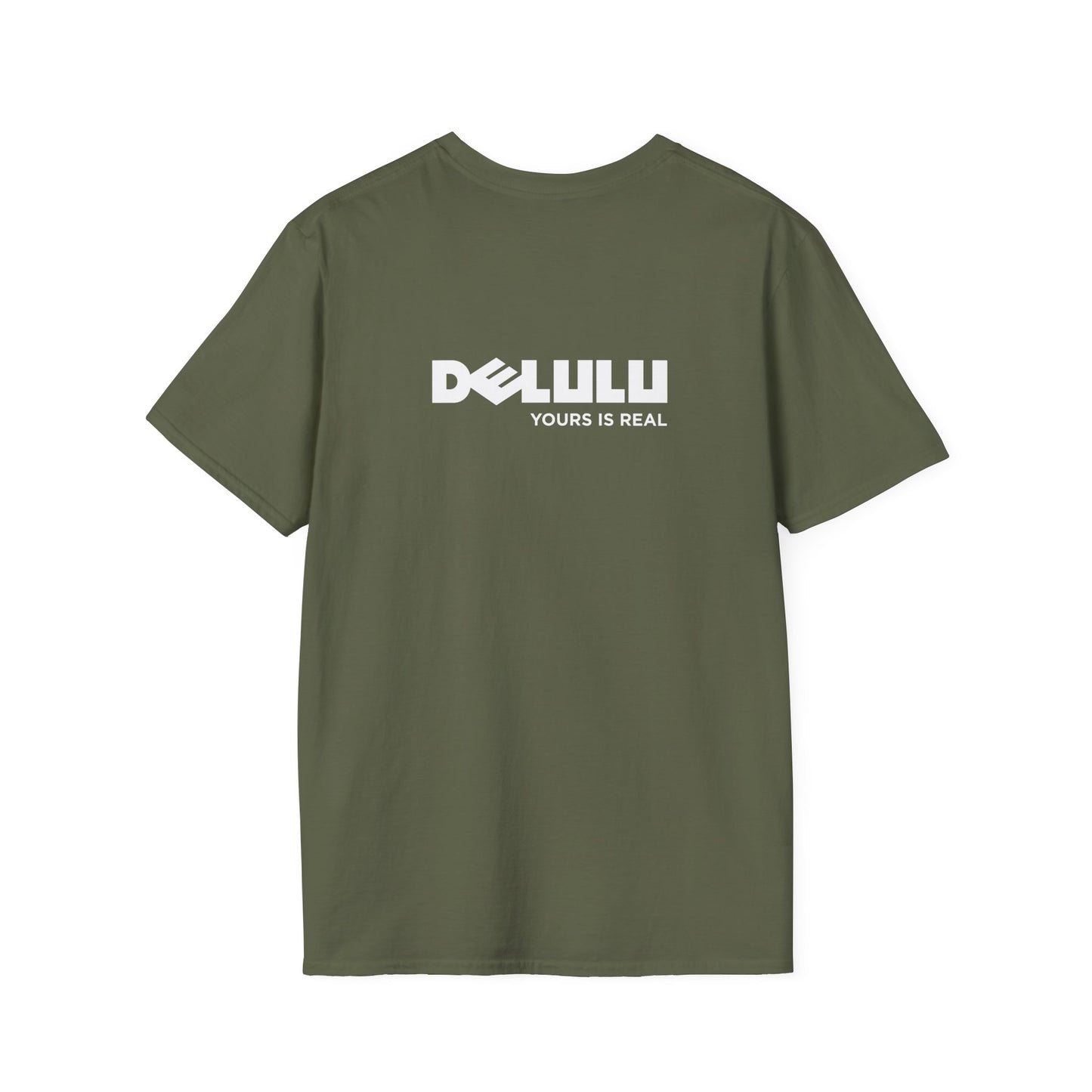 Delulu parody back print t-shirt design with Dell logo transformed into the word ‘Delulu’, nerdy tech humor shirt, laptop and computer fan gift