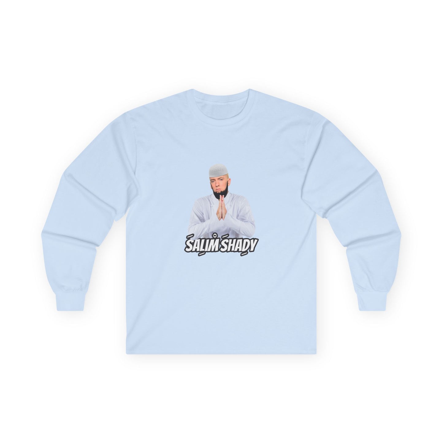 Funny Salim Shady parody long sleeve t-shirt design featuring a Slim Shady style character with an Islamic beard wearing traditional Muslim thobe attire, humorous hip-hop pun graphic.