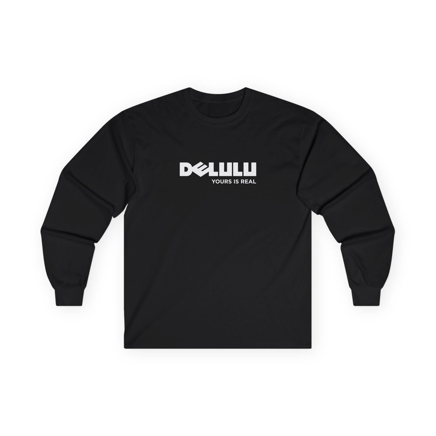 Delulu parody long sleeve t-shirt design with Dell logo transformed into the word ‘Delulu’, nerdy tech humor shirt, laptop and computer fan gift