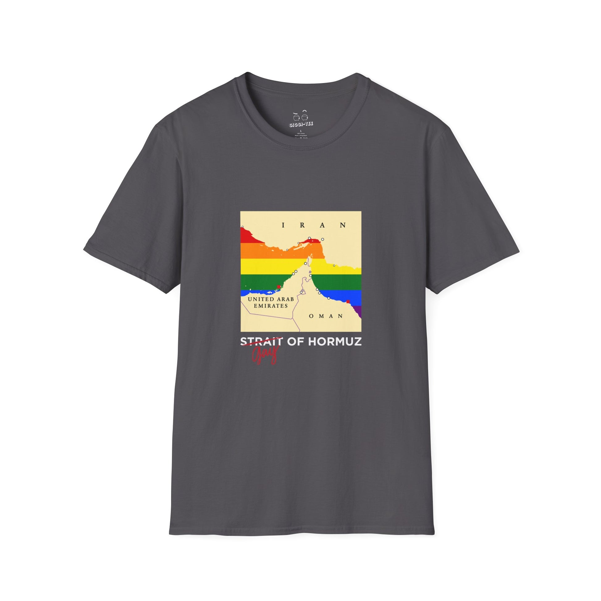 Funny shirt with minimalist vector map of the Strait of Hormuz, Gay of Hormuz with a rainbow Pride flag filling the water between landmasses.