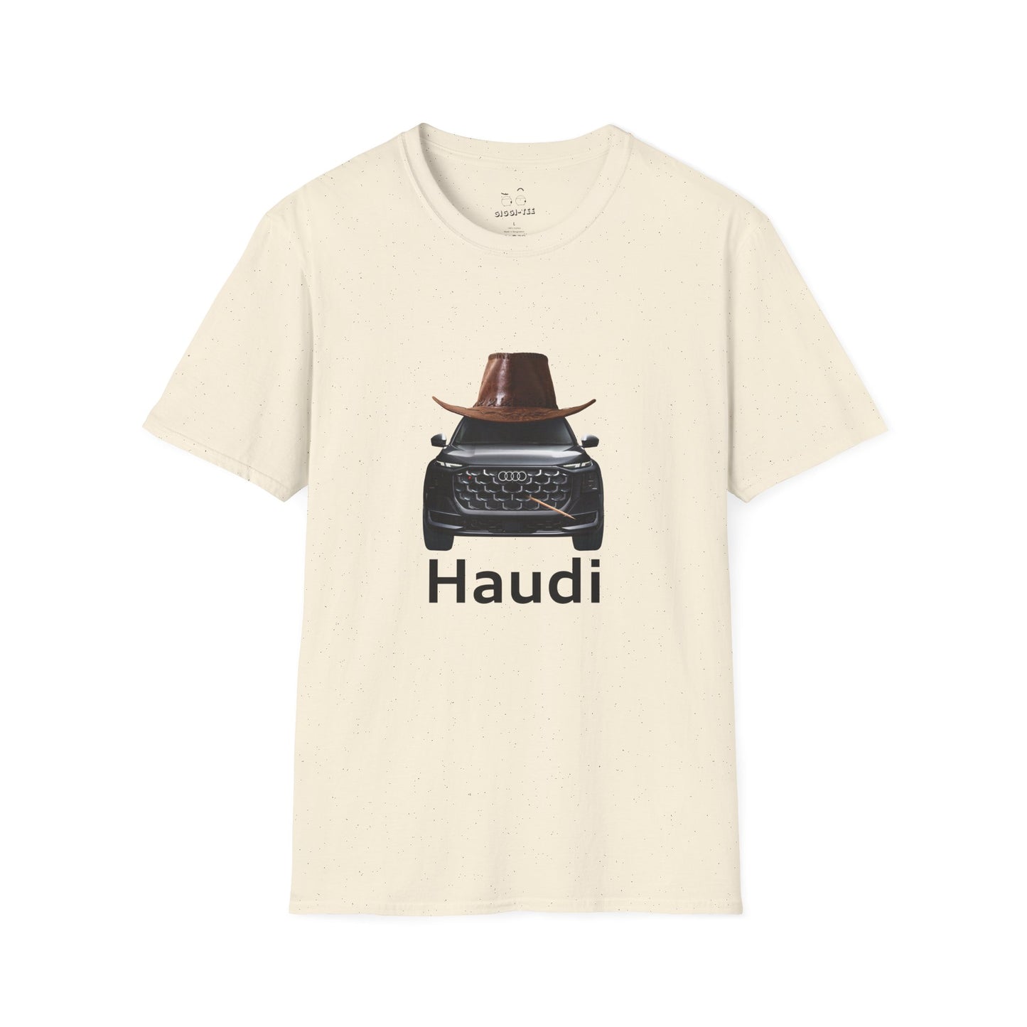 Haudi funny car shirt featuring an Audi with a cowboy hat and toothpick