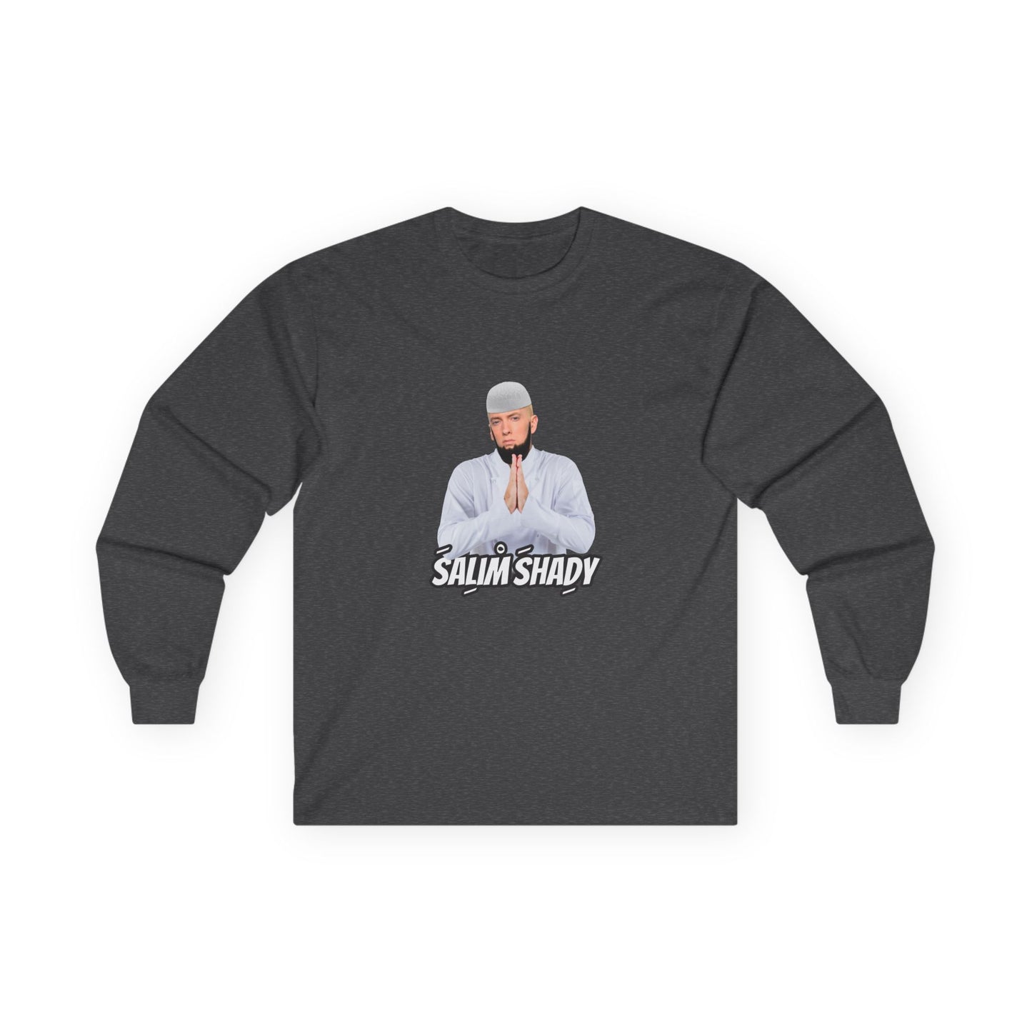 Funny Salim Shady parody long sleeve t-shirt design featuring a Slim Shady style character with an Islamic beard wearing traditional Muslim thobe attire, humorous hip-hop pun graphic.