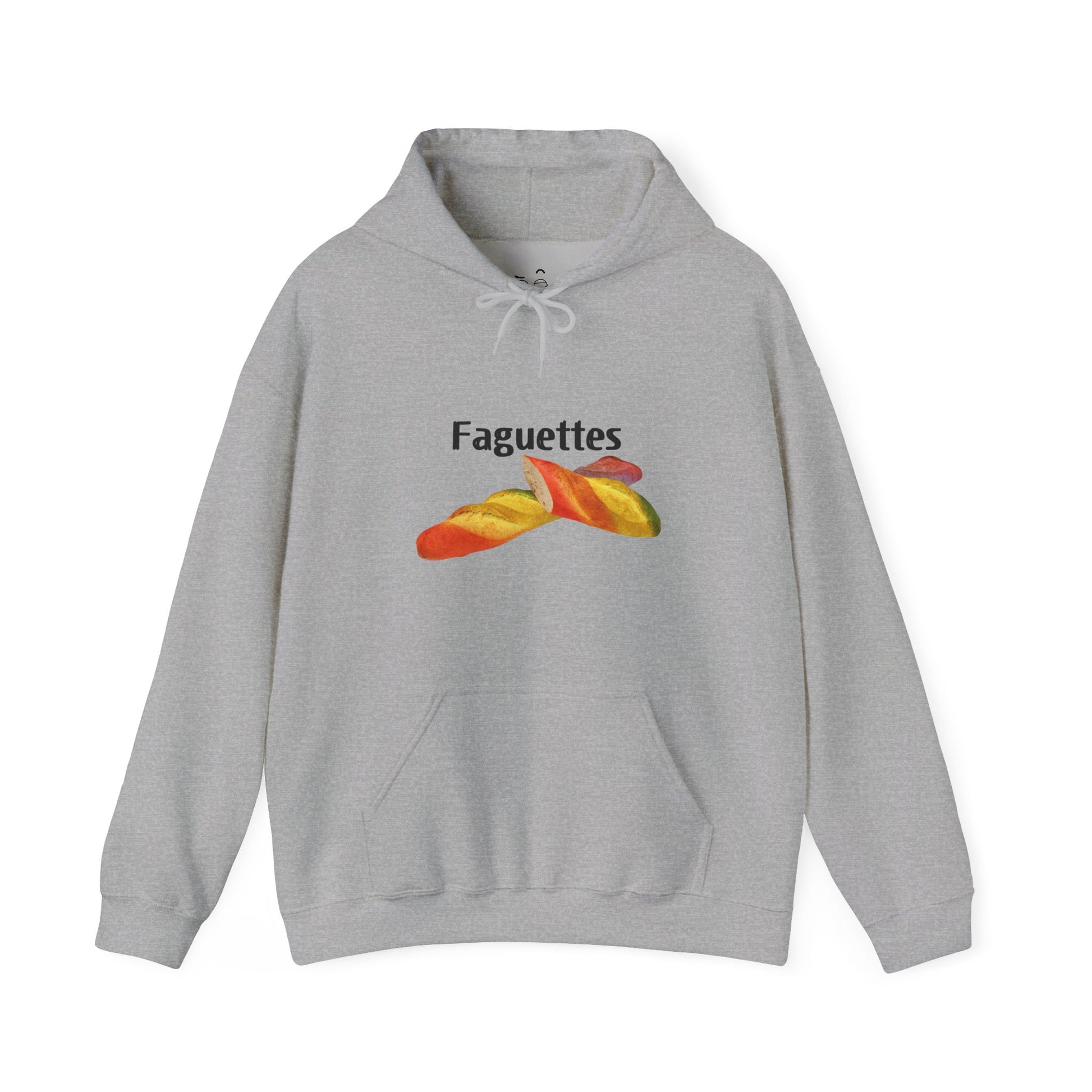Grey hoodie featuring a colorful rainbow baguette parody graphic with the word “Faguettes” in bold lettering.