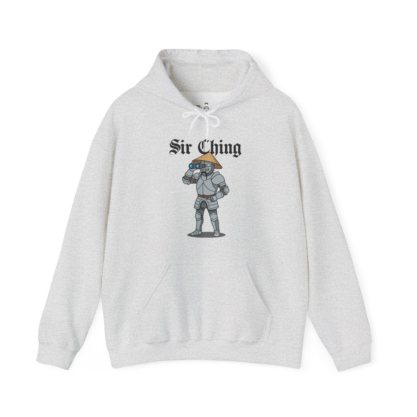 Sir Ching funny knight graphic hoodie showing a goofy Asian-inspired medieval knight in shining armor searching with binoculars, wearing a cone hat and buck teeth.