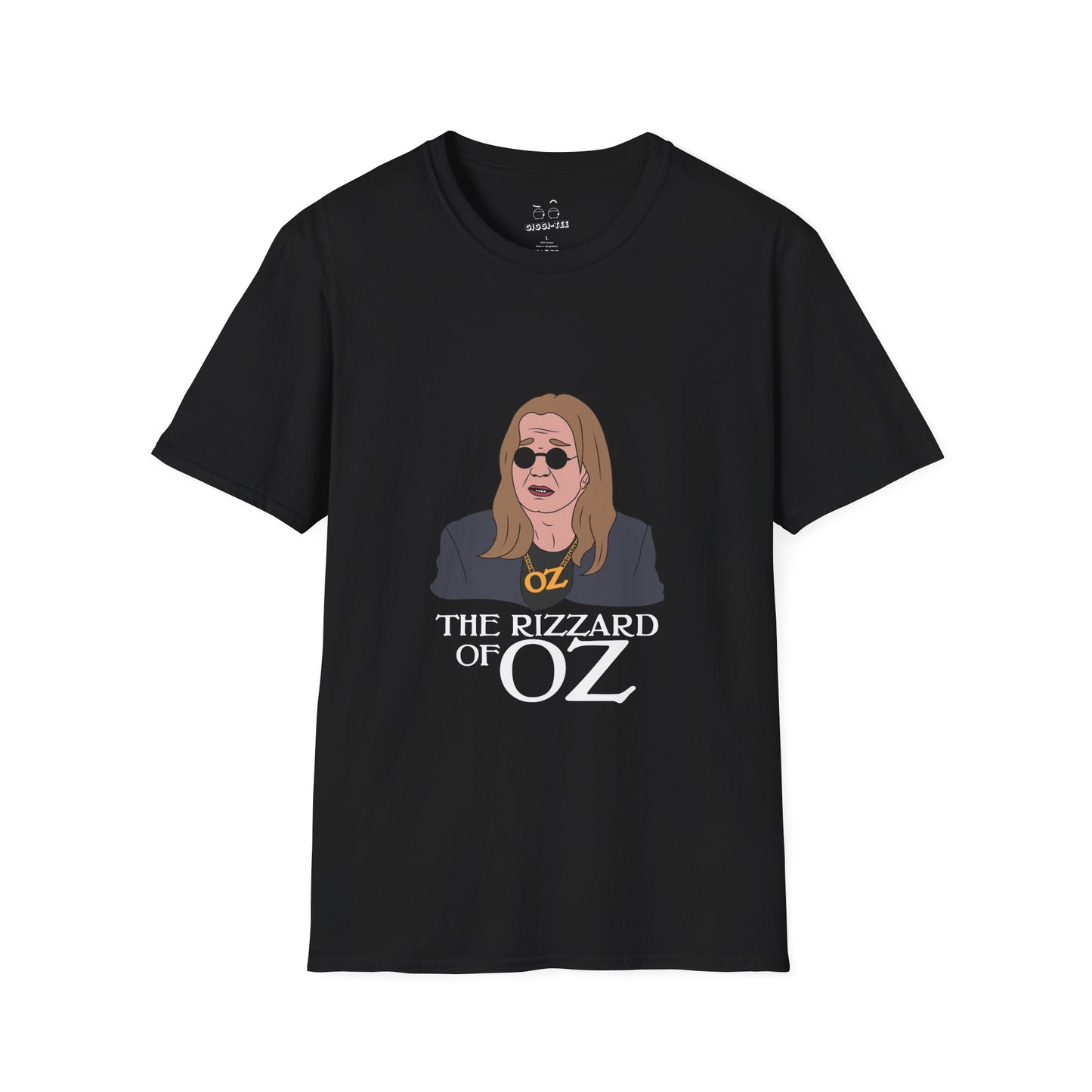 T-shirt featuring a caricature of Ozzy Osbourne dressed as a wizard, a mashup of "The Wizard of Oz" and "Rizz" slang.