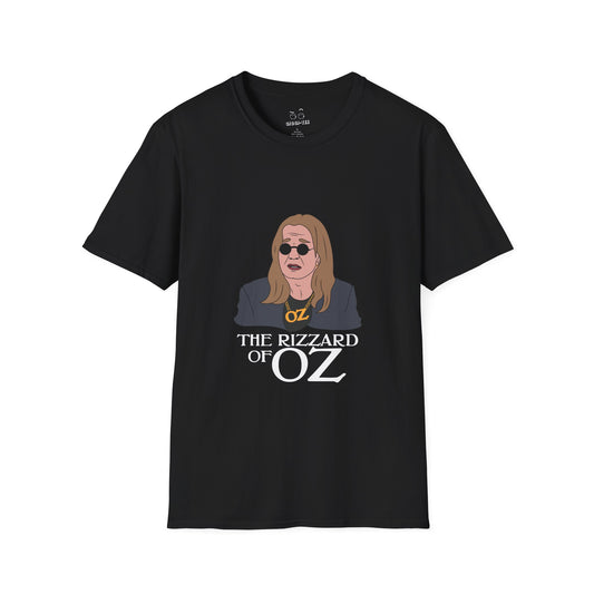 T-shirt featuring a caricature of Ozzy Osbourne dressed as a wizard, a mashup of "The Wizard of Oz" and "Rizz" slang.