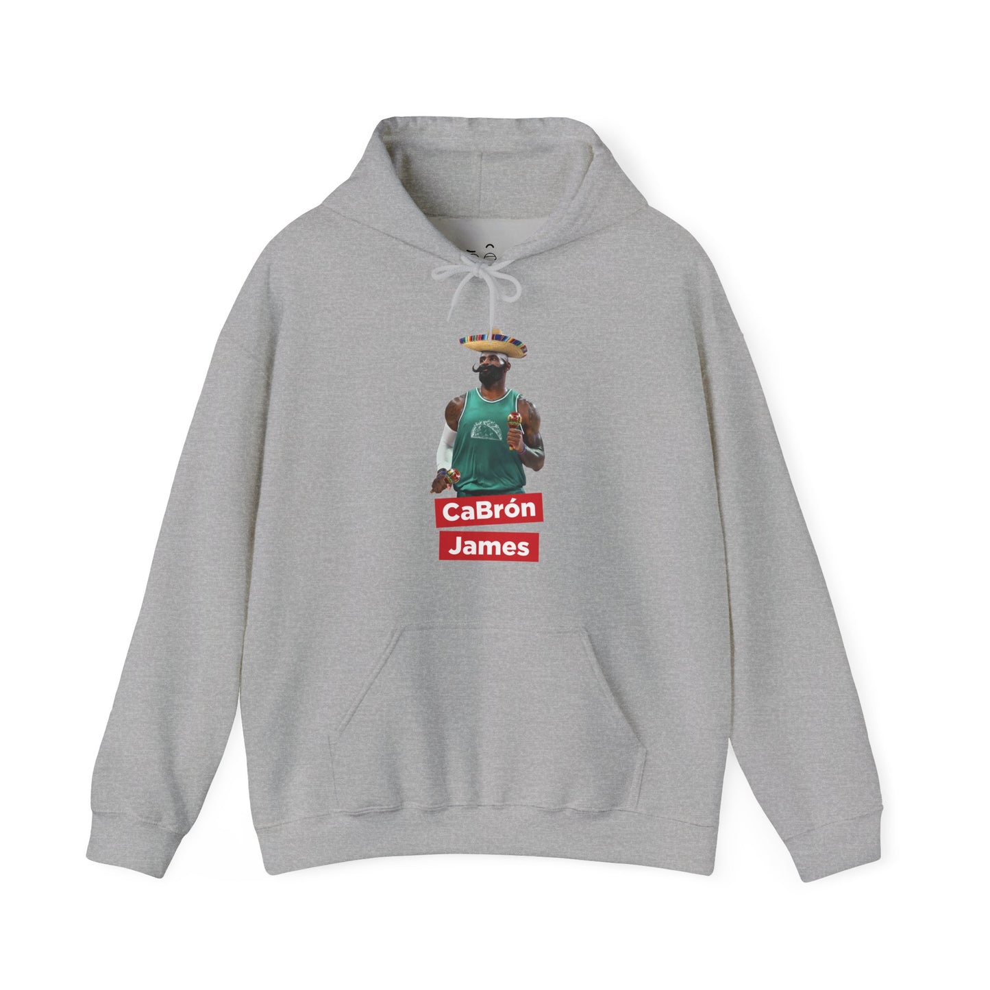 CaBron James parody design featuring LeBron James with a sombrero, giant mustache, maracas, and taco-themed basketball jersey printed on a hoodie.