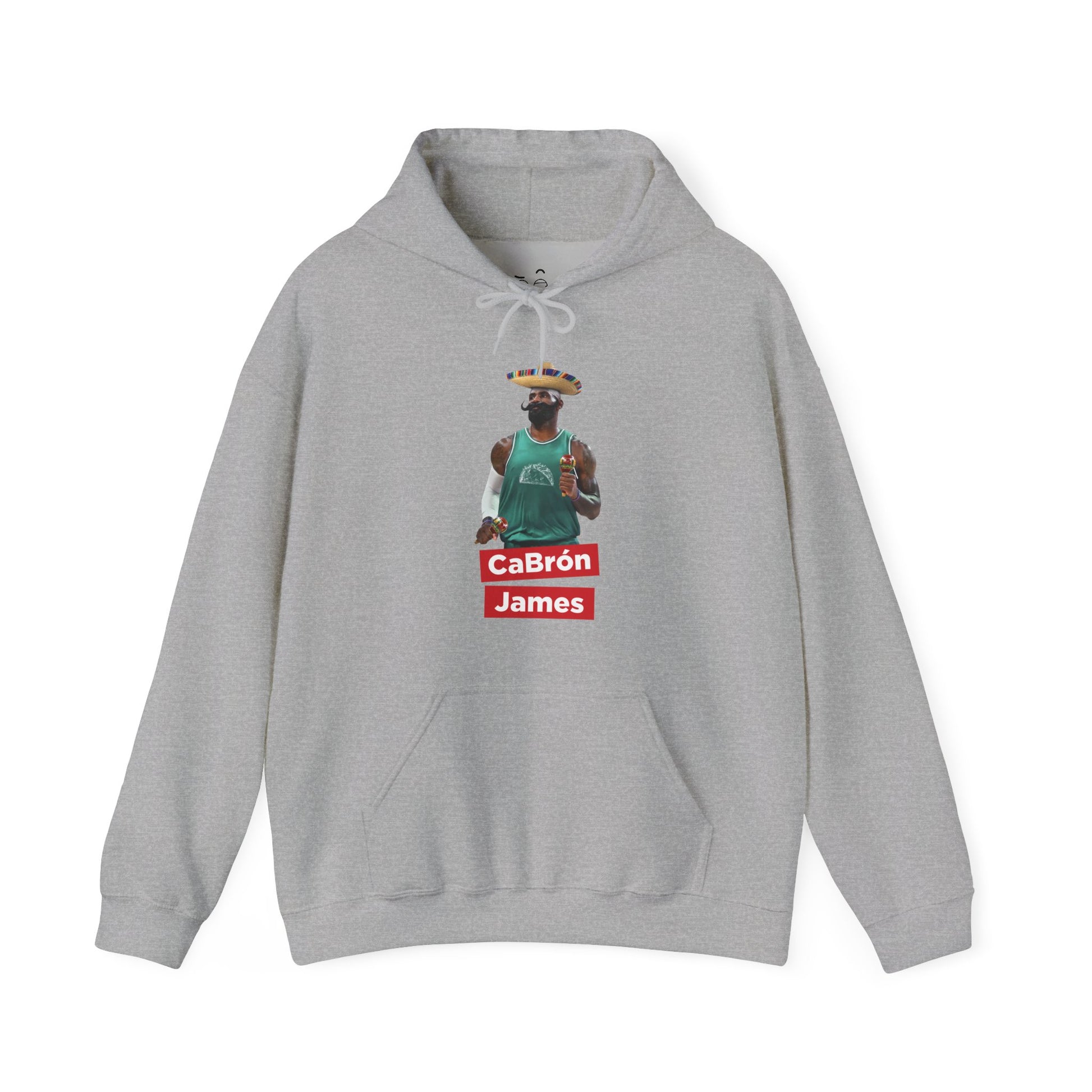 CaBron James parody design featuring LeBron James with a sombrero, giant mustache, maracas, and taco-themed basketball jersey printed on a hoodie.