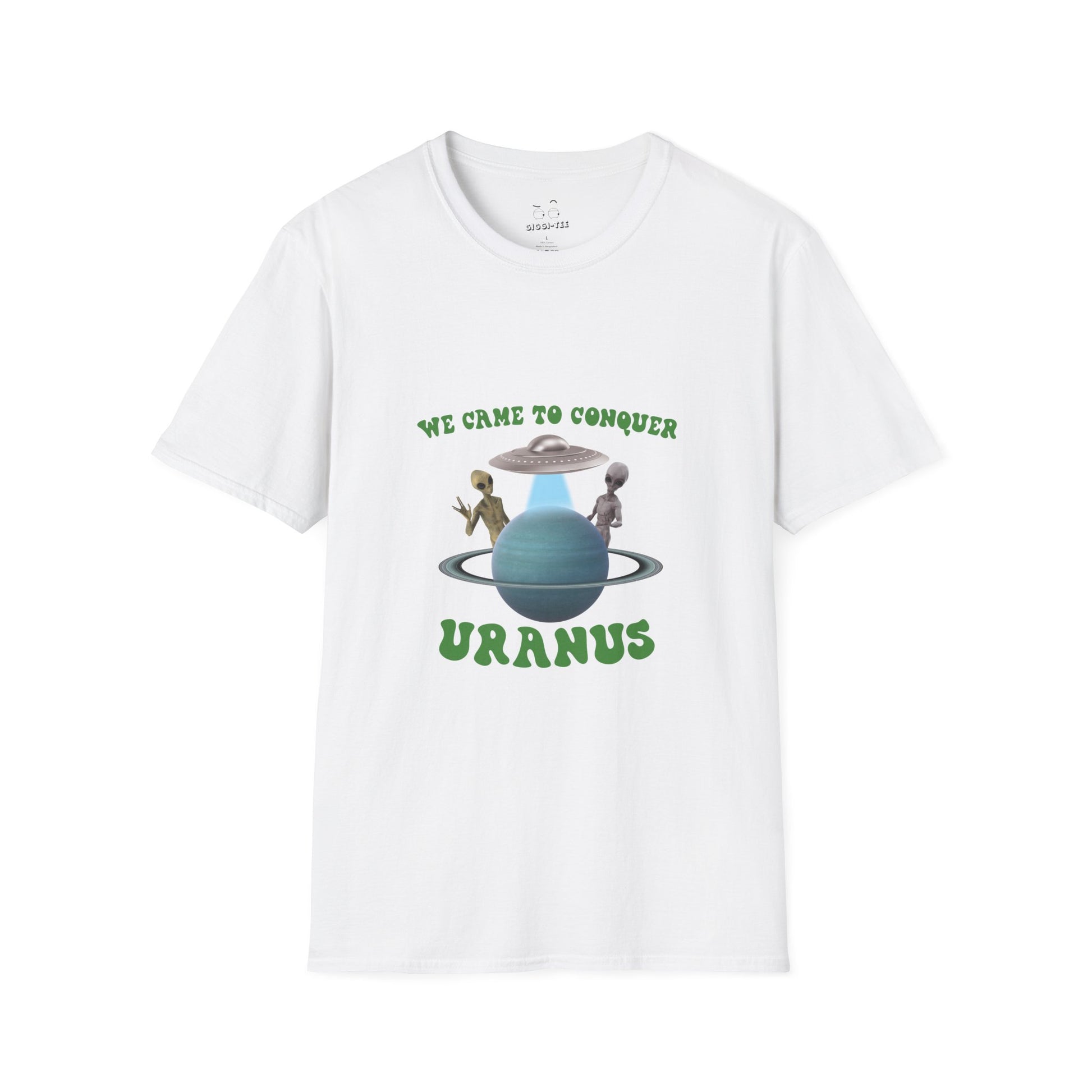 T-shirt with a graphic of two aliens in a UFO near the planet Uranus with the text "We came to conquer Uranus."