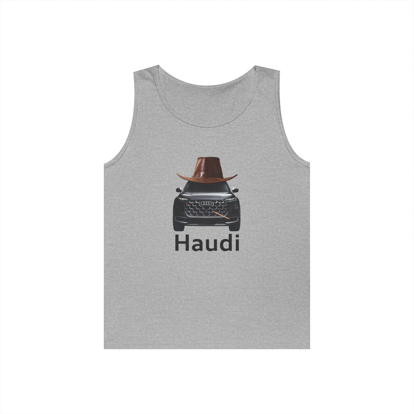Haudi funny car tank top featuring an Audi wearing a cowboy hat and toothpick