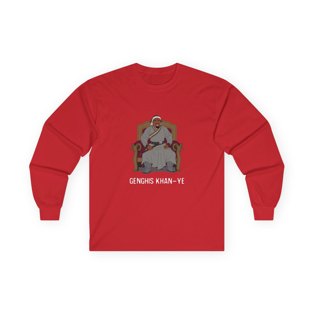 Genghis Khan Ye: Parody long sleeve shirt illustration of Ye dressed as Genghis Khan in Mongolian armor. Funny hip hop culture pun.