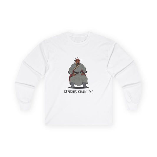 Genghis Khan Ye: Parody long sleeve shirt illustration of Ye dressed as Genghis Khan in Mongolian armor. Funny hip hop culture pun.