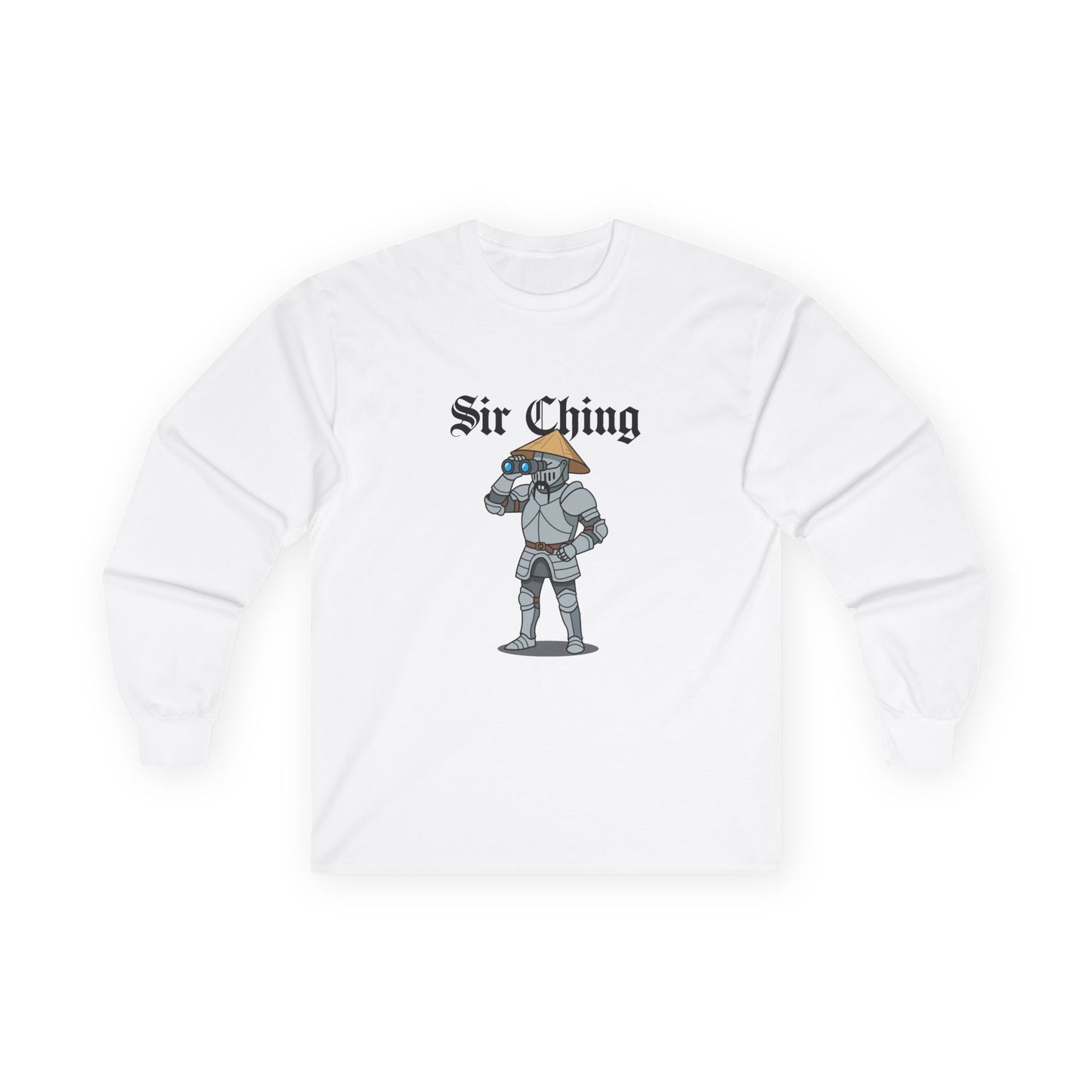 Sir Ching funny knight graphic shirt showing a goofy Asian-inspired medieval knight in shining armor searching with binoculars, wearing a cone hat and buck teeth.