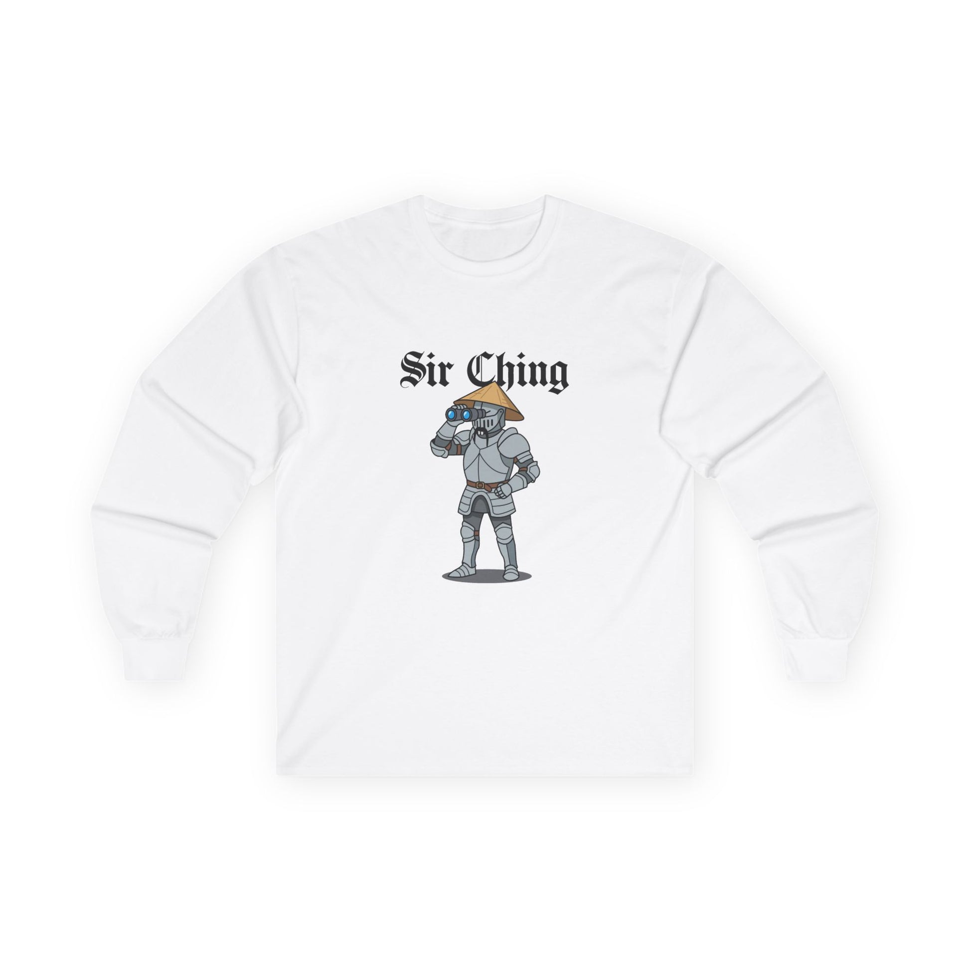 Sir Ching funny knight graphic shirt showing a goofy Asian-inspired medieval knight in shining armor searching with binoculars, wearing a cone hat and buck teeth.