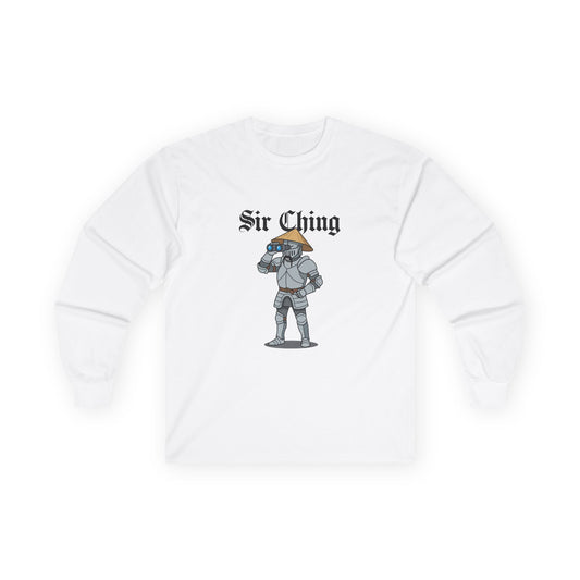 Sir Ching funny knight graphic shirt showing a goofy Asian-inspired medieval knight in shining armor searching with binoculars, wearing a cone hat and buck teeth.