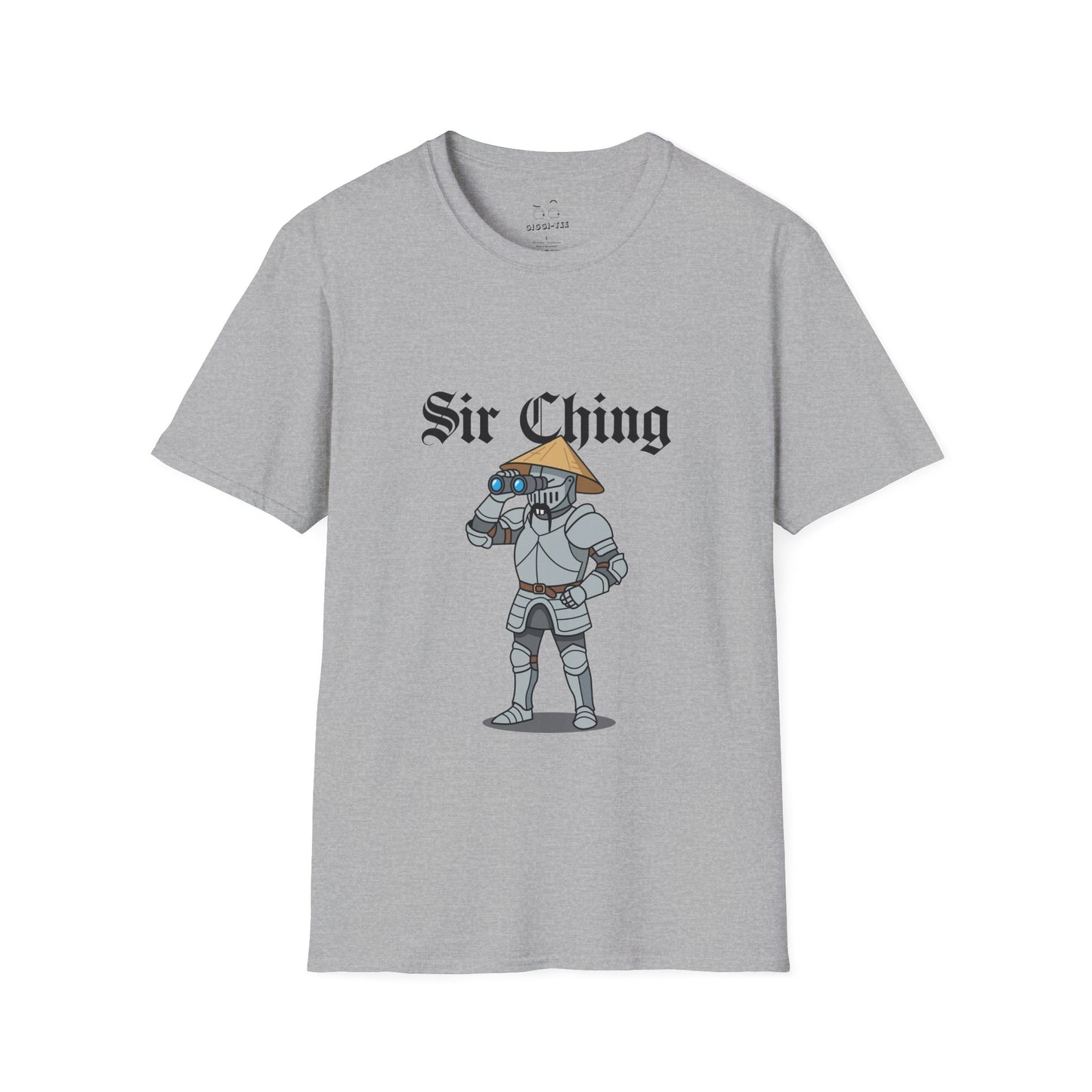 Sir Ching funny knight graphic shirt showing a goofy Asian-inspired medieval knight in shining armor searching with binoculars, wearing a cone hat and buck teeth.