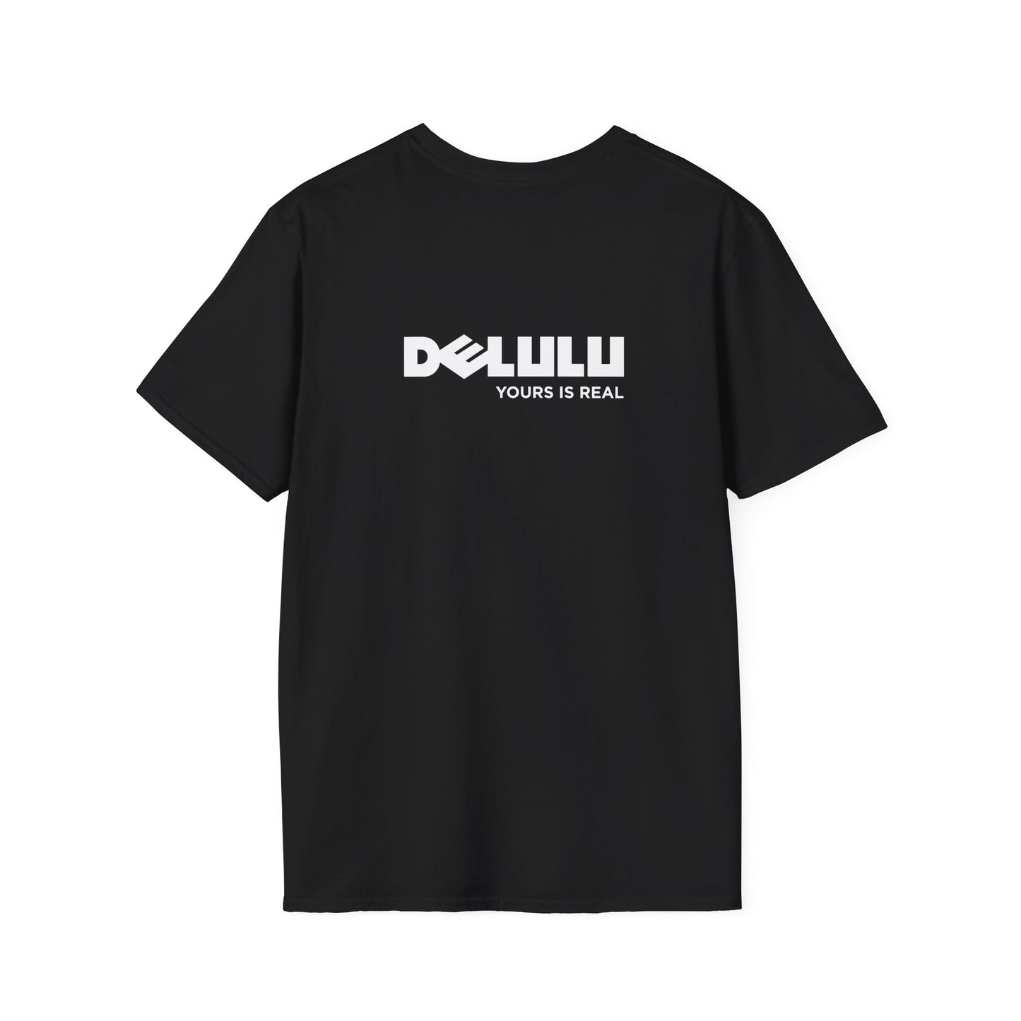 Delulu parody back print t-shirt design with Dell logo transformed into the word ‘Delulu’, nerdy tech humor shirt, laptop and computer fan gift