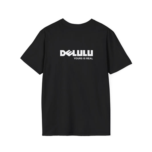 Delulu parody back print t-shirt design with Dell logo transformed into the word ‘Delulu’, nerdy tech humor shirt, laptop and computer fan gift