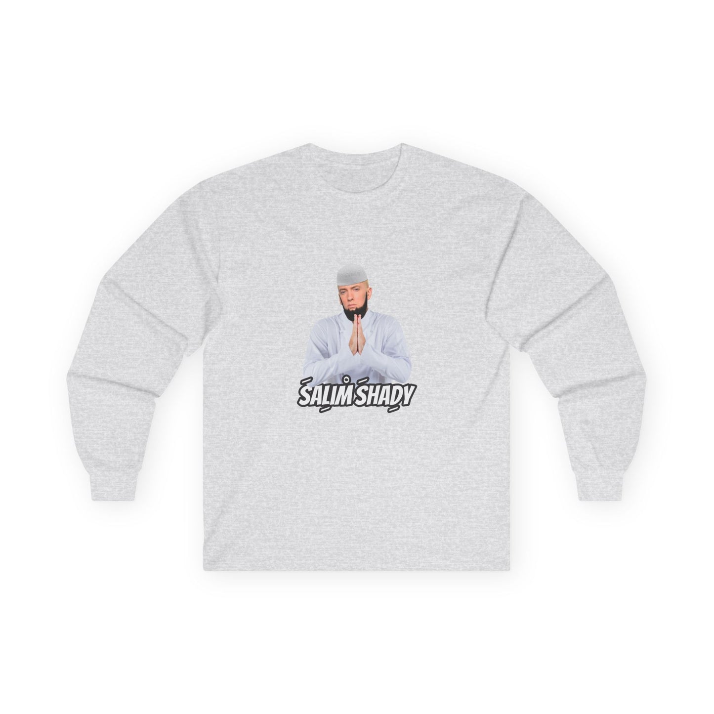 Funny Salim Shady parody long sleeve t-shirt design featuring a Slim Shady style character with an Islamic beard wearing traditional Muslim thobe attire, humorous hip-hop pun graphic.