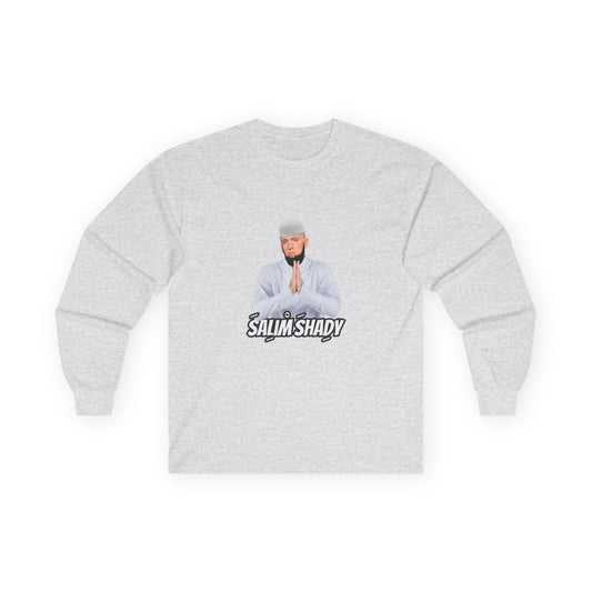 Funny Salim Shady parody long sleeve t-shirt design featuring a Slim Shady style character with an Islamic beard wearing traditional Muslim thobe attire, humorous hip-hop pun graphic.