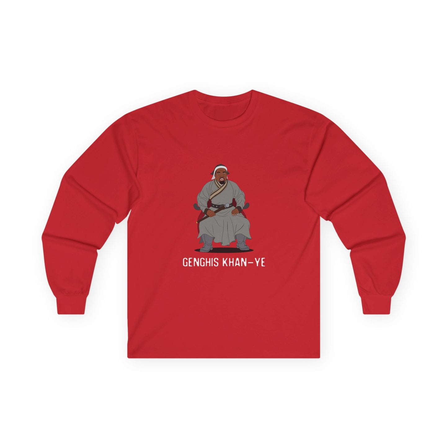 Genghis Khan Ye: Parody long sleeve shirt illustration of Ye dressed as Genghis Khan in Mongolian armor. Funny hip hop culture pun.