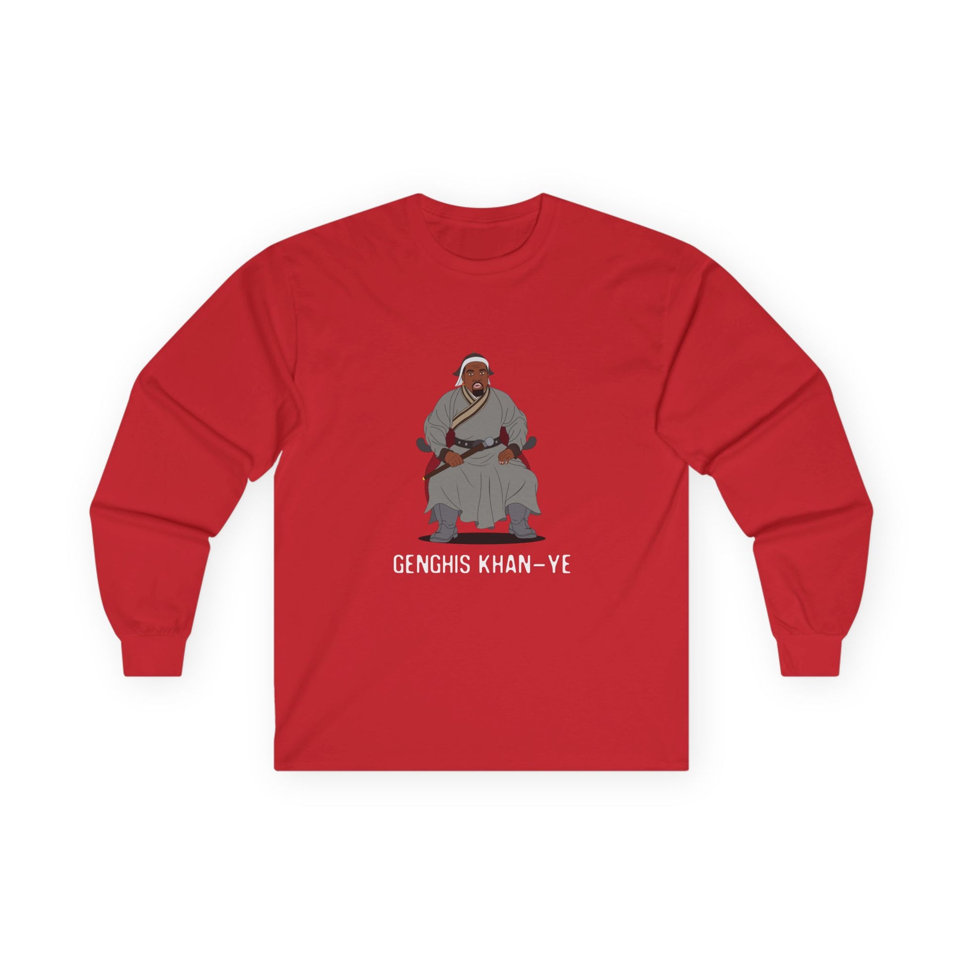 Genghis Khan Ye: Parody long sleeve shirt illustration of Ye dressed as Genghis Khan in Mongolian armor. Funny hip hop culture pun.