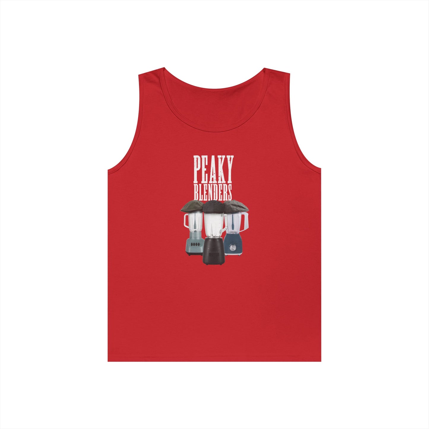 Funny Peaky Blenders design featuring three blenders styled as gangster characters in flat caps with a minimalist parody crime drama aesthetic.