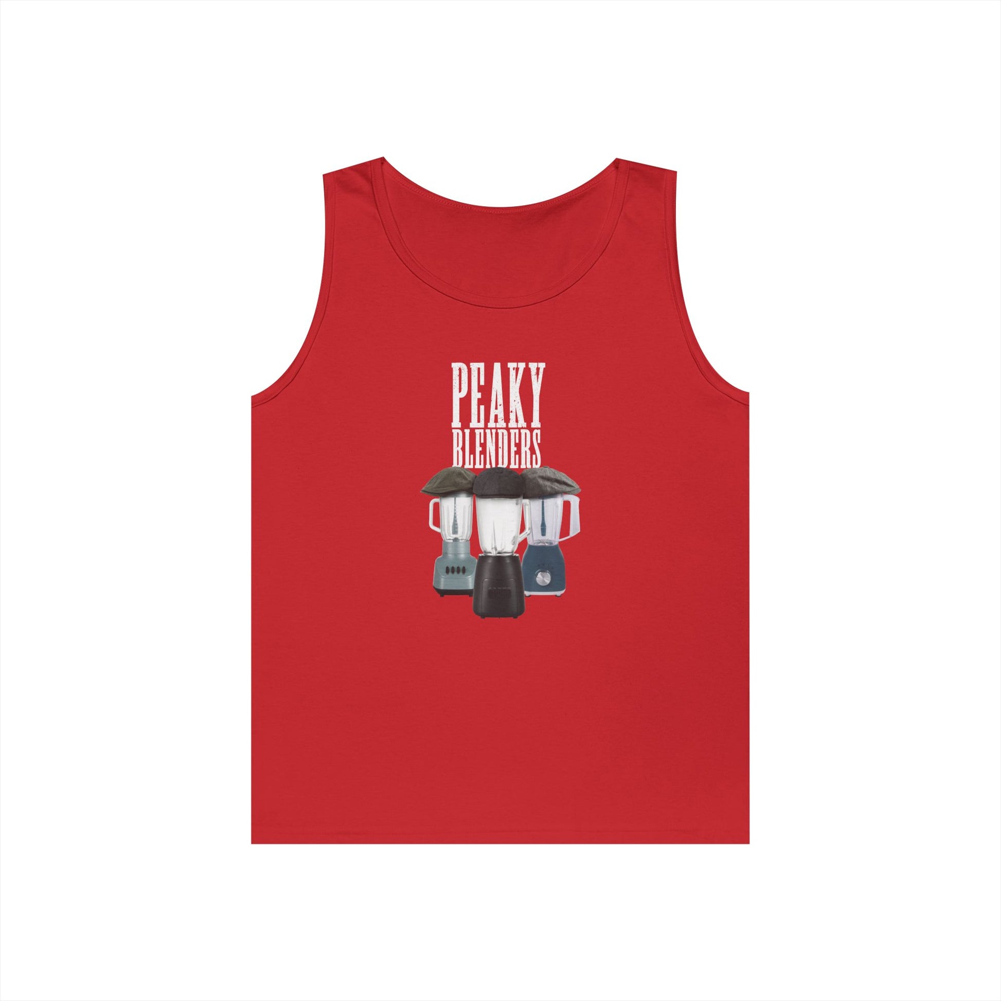Funny Peaky Blenders design featuring three blenders styled as gangster characters in flat caps with a minimalist parody crime drama aesthetic.