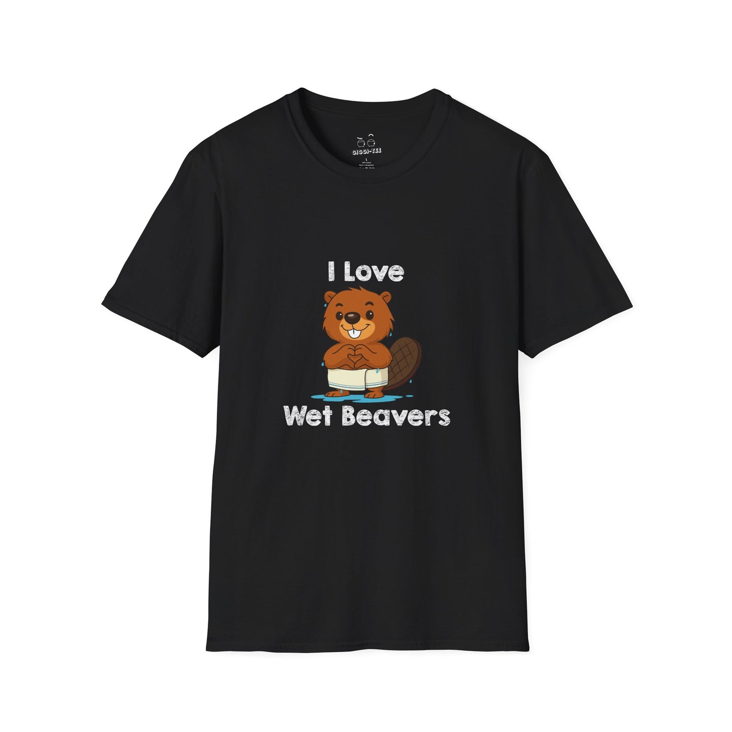 Funny beaver cartoon wearing a towel and dripping water, making a heart shape with its hands, “I Love Wet Beavers” humorous graphic design shirt