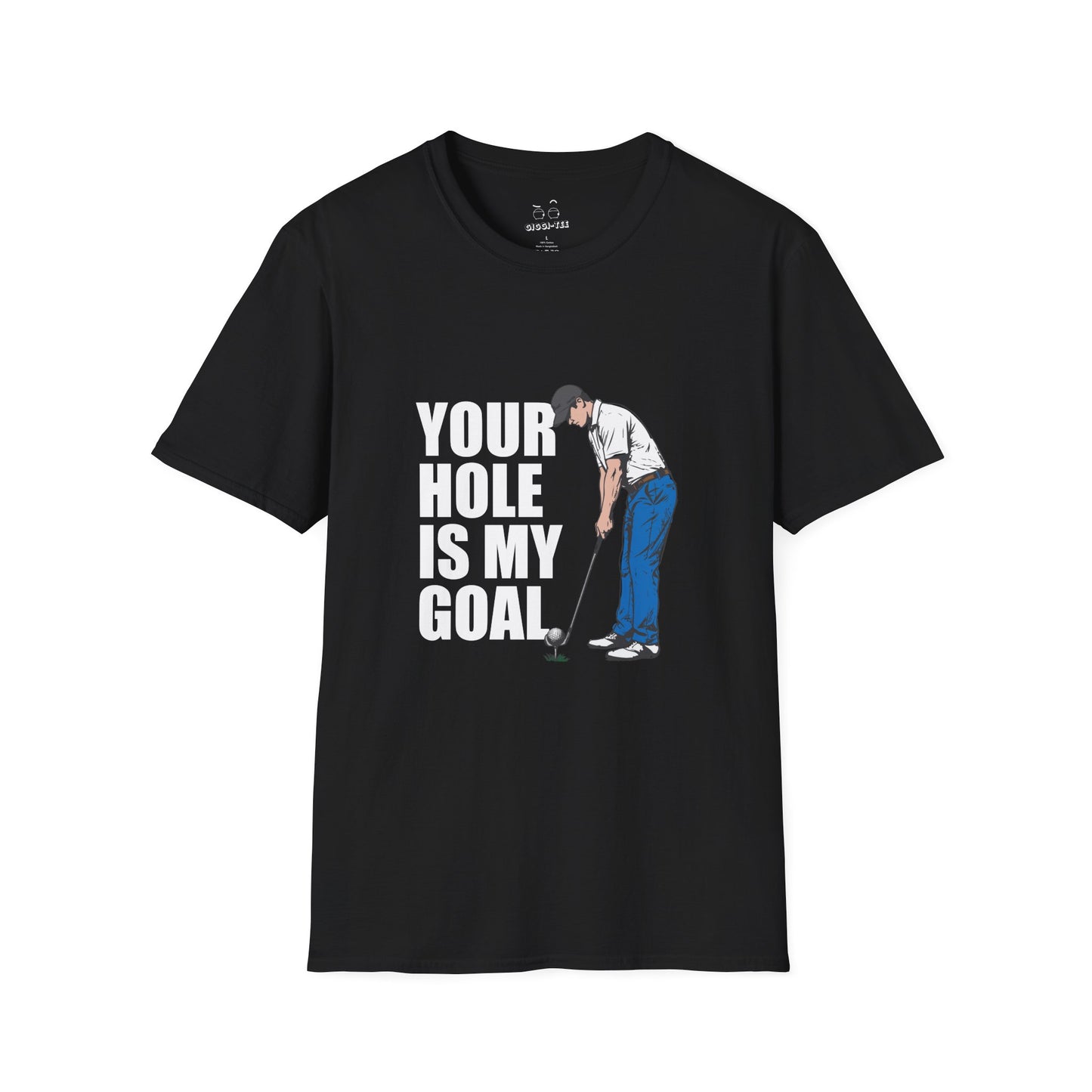 Funny golf design featuring a golfer with a golf club and ball on the pin, with the text “Your Hole Is My Goal.”