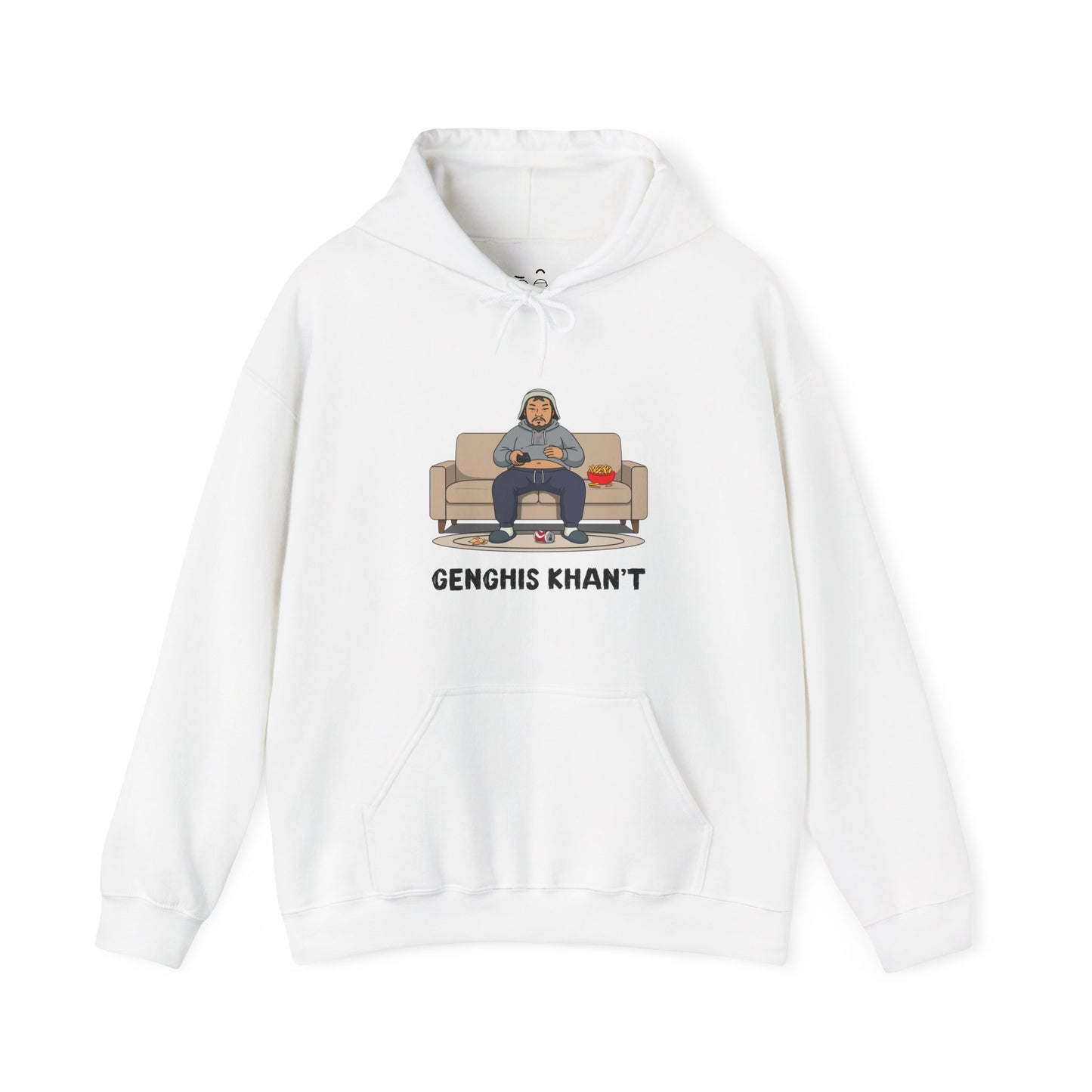 Genghis Khan’t parody hoodie featuring Genghis Khan sitting on a couch in pajamas holding a TV remote