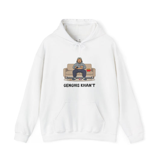 Genghis Khan’t parody hoodie featuring Genghis Khan sitting on a couch in pajamas holding a TV remote