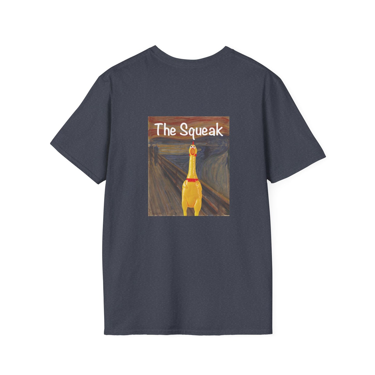 Parody of The Scream painting featuring a squeaky rubber chicken in place of the screaming figure on a t-shirt design.
