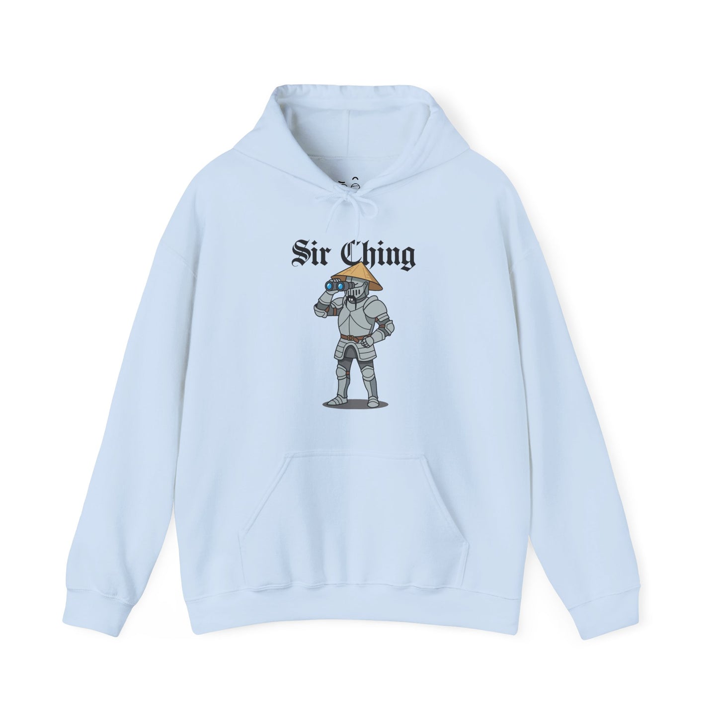Sir Ching funny knight graphic hoodie showing a goofy Asian-inspired medieval knight in shining armor searching with binoculars, wearing a cone hat and buck teeth.