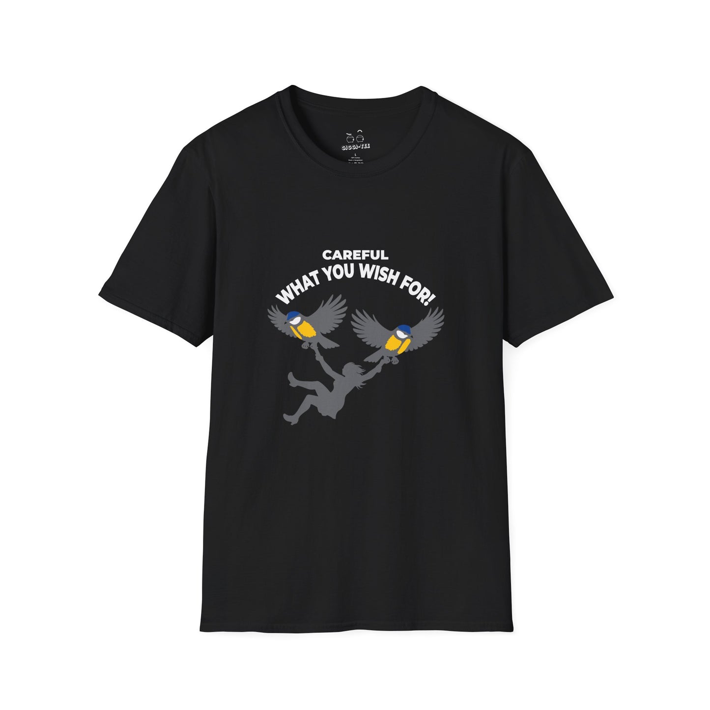 Funny big tits pun shirt showing two giant birds carrying a woman with the caption “Careful What You Wish For